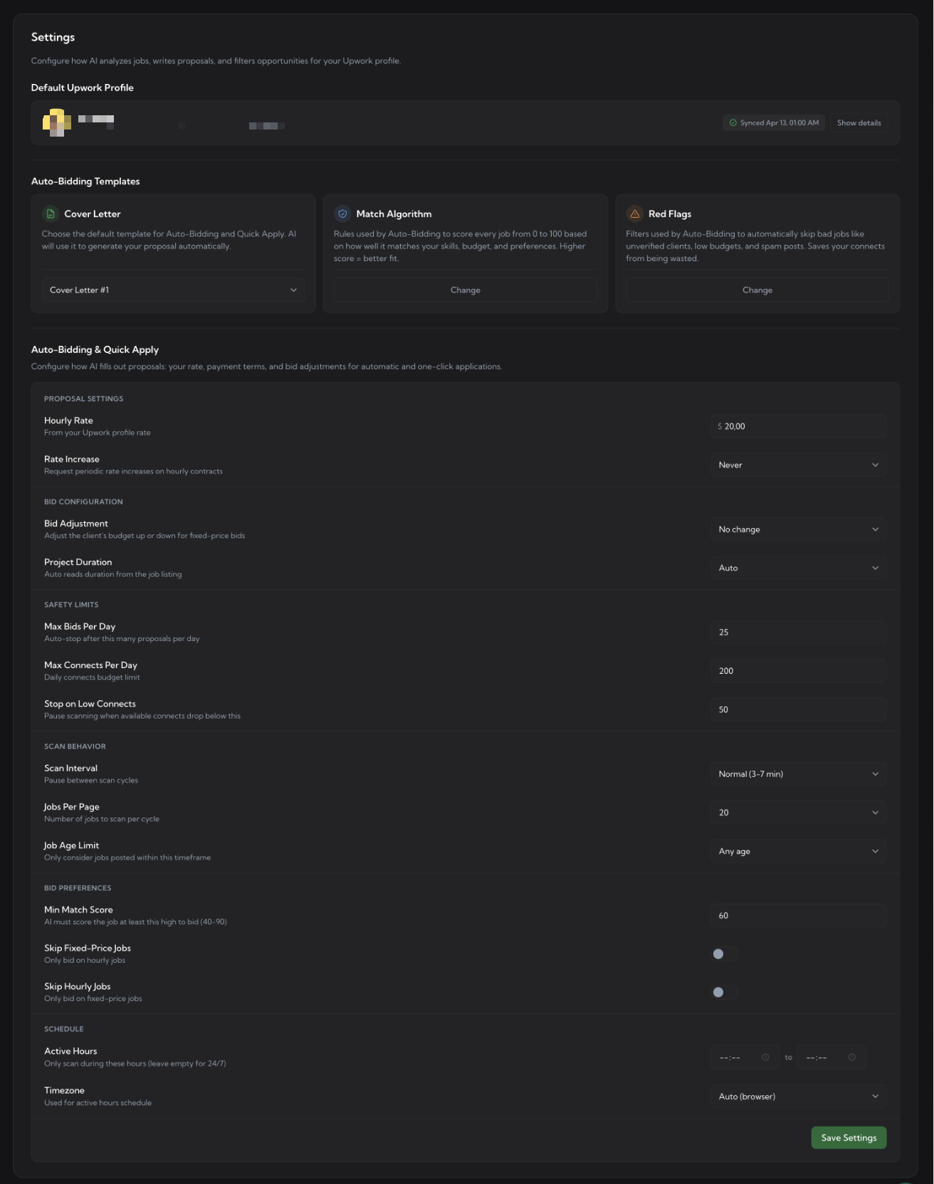 Settings page – Default Upwork Profile, Auto-Bidding Templates (Cover Letter / Match Algorithm / Red Flags cards), and Auto-Bidding & Quick Apply section with Proposal Settings, Bid Configuration, Safety Limits, Scan Behavior, Bid Preferences, Schedule subsections; green Save Settings button at the bottom