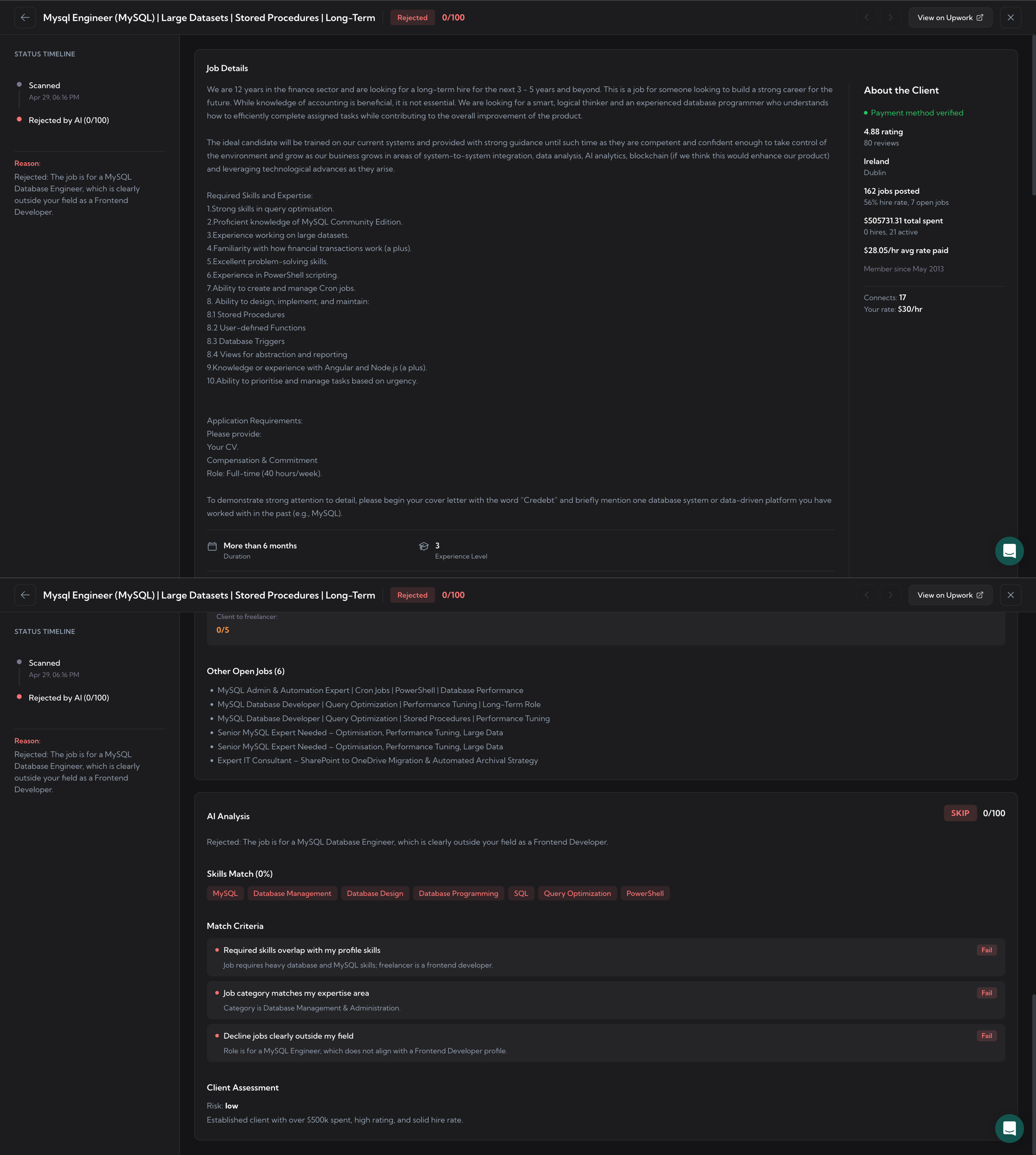 Auto-Bidding job detail overlay – STATUS TIMELINE on the left with Scanned + Rejected by AI steps and a Reason block; Job Details in the center (full description, Other Open Jobs list, AI Analysis with SKIP badge, Skills Match tags, Match Criteria with Pass/Fail per rule, Client Assessment); About the Client sidebar on the right with payment verification, rating, location, jobs posted, total spent, hire rate, member since, Connects and Your rate