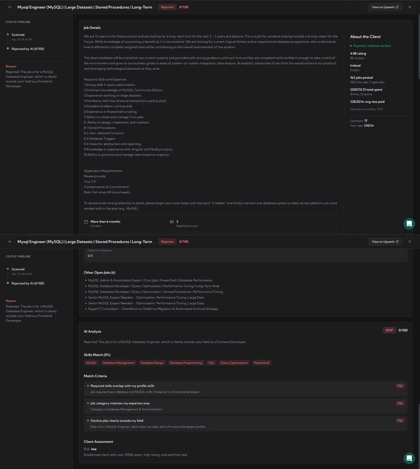 Auto-Bidding job detail overlay – STATUS TIMELINE on the left with Scanned + Rejected by AI steps and a Reason block; Job Details in the center (full description, Other Open Jobs list, AI Analysis with SKIP badge, Skills Match tags, Match Criteria with Pass/Fail per rule, Client Assessment); About the Client sidebar on the right with payment verification, rating, location, jobs posted, total spent, hire rate, member since, Connects and Your rate