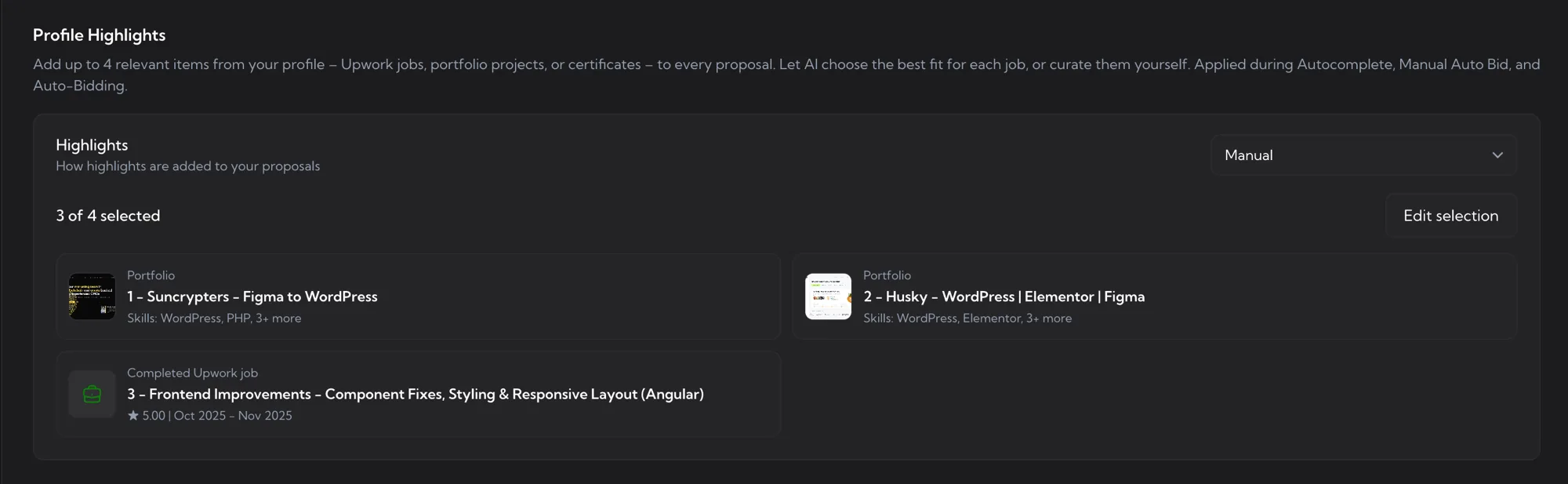 Profile Highlights section on the Settings page - mode selector with Off / Manual / Auto (AI) options, selected highlights preview cards with type, title and rating