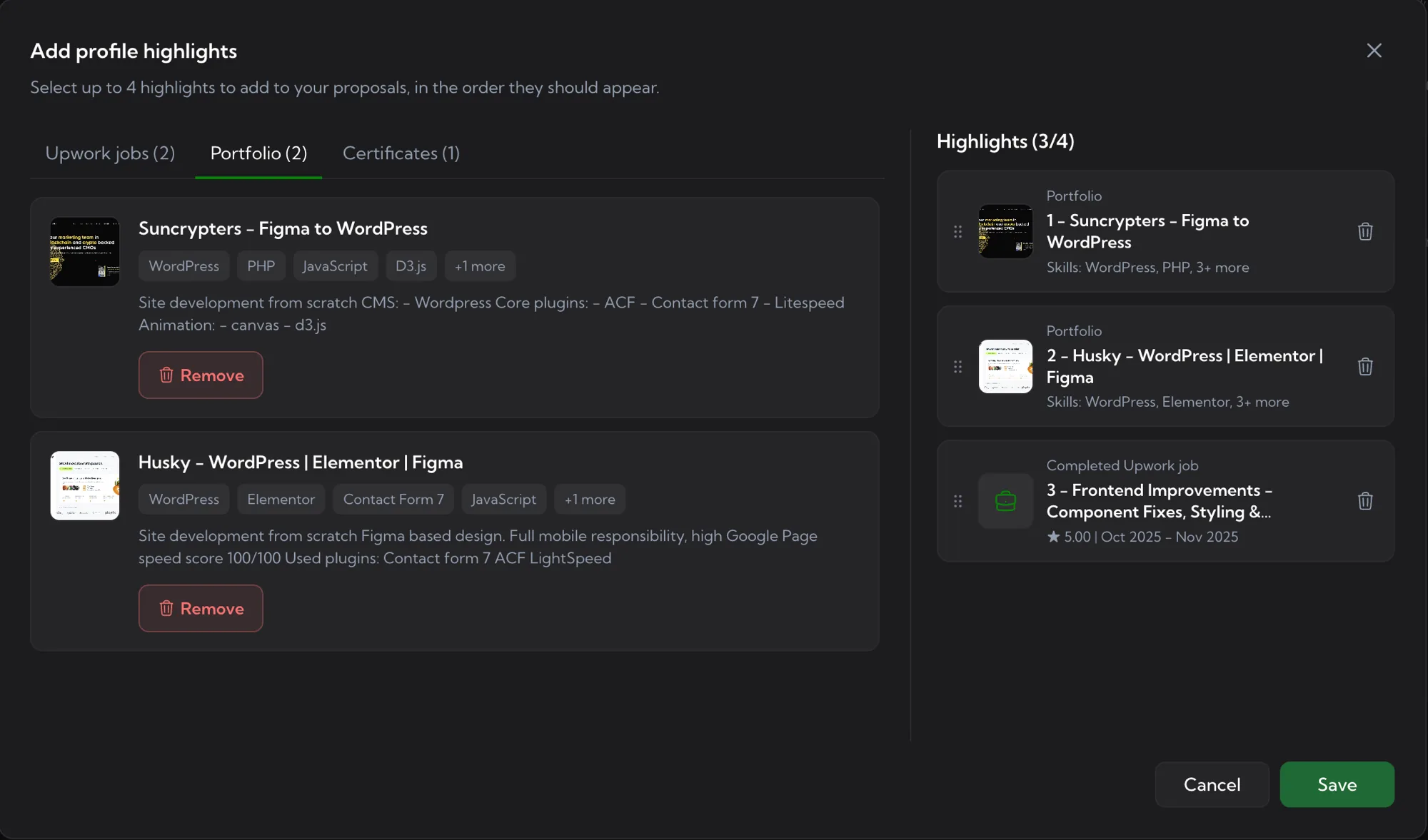 Add profile highlights modal - Upwork jobs, Portfolio and Certificates tabs on the left with Select highlight buttons, ordered draggable list of selected highlights (up to 4) on the right, Cancel and Save buttons