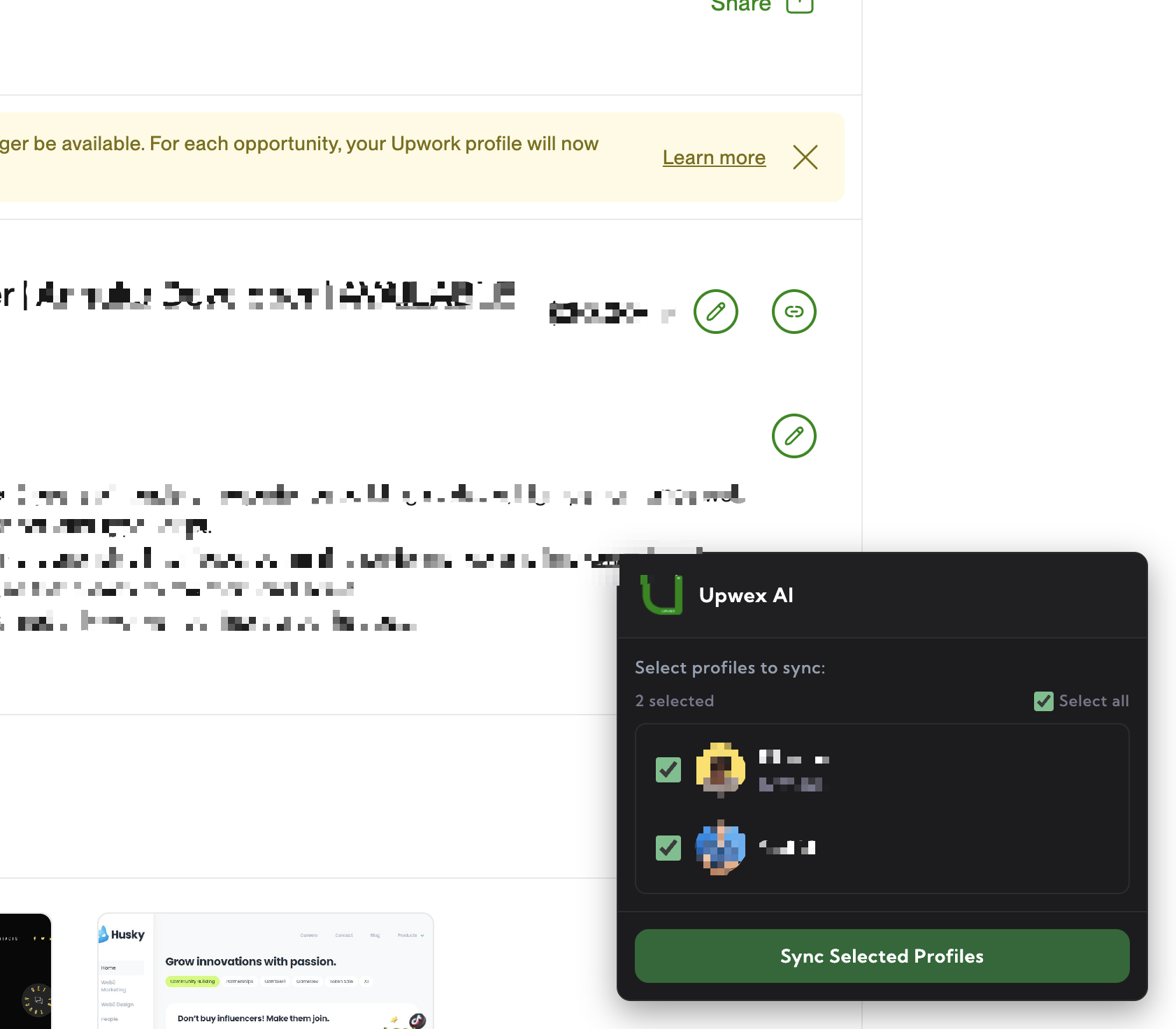 Upwex multi-profile management UI – list of synced agency freelancer profiles with avatars, usernames, titles and a marker for the currently active profile used for bidding