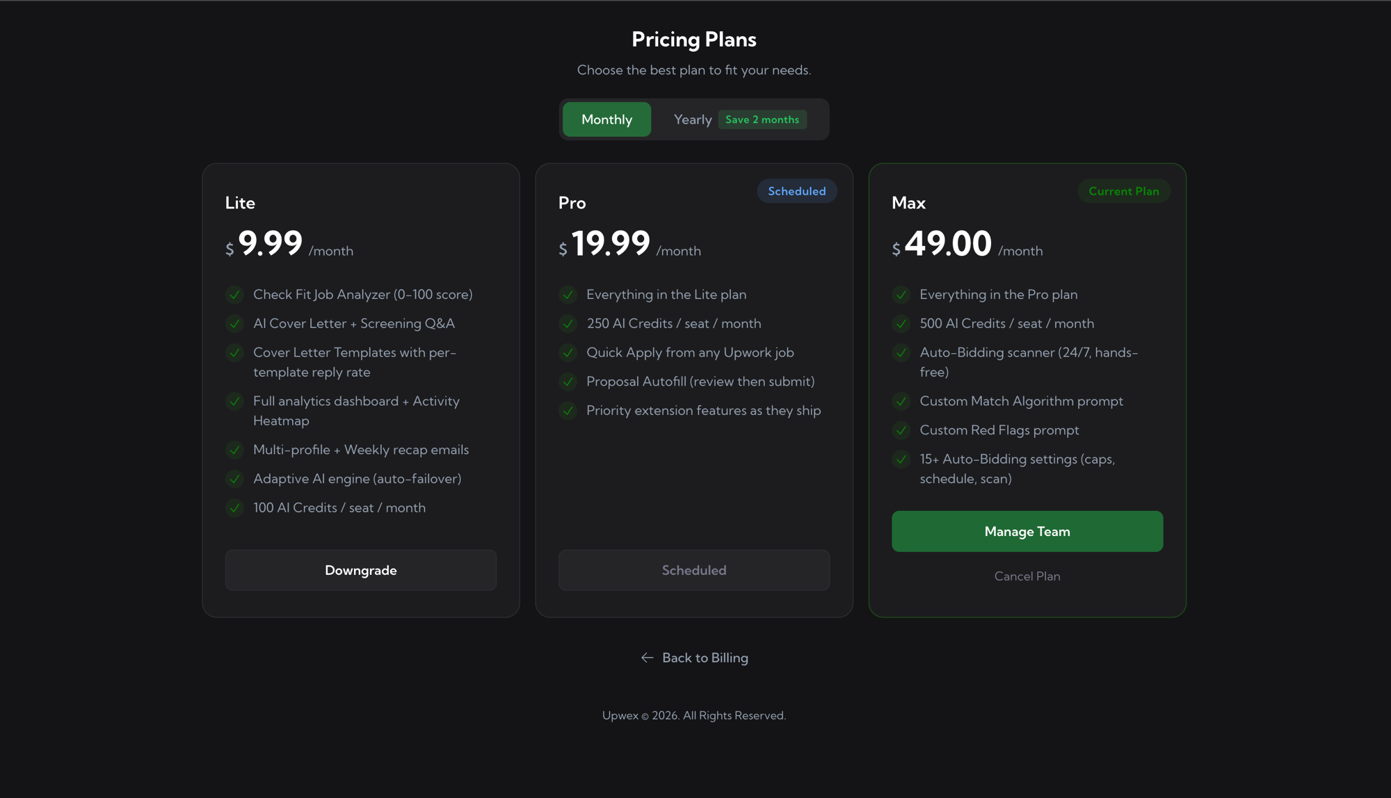 Upwex Pricing Plans page with three cards side by side – Lite, Pro (with a Scheduled badge), and Max (with a Current Plan badge and a green Manage Team button) – each listing its monthly price and feature set