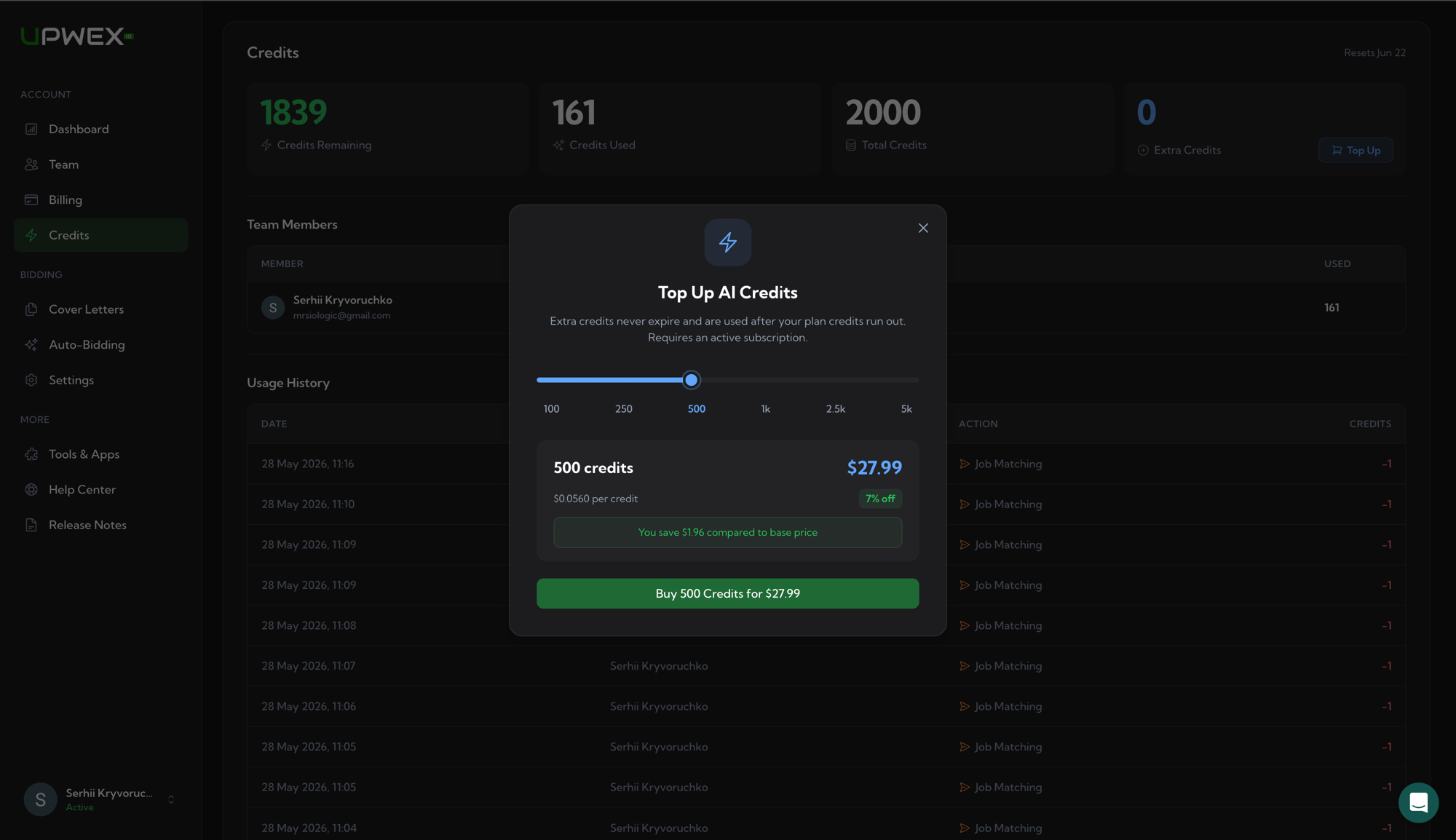 Credits page with four hero cards and the Top Up modal overlay showing the pack slider, the per-credit rate, a discount badge, a savings banner, and the Buy button