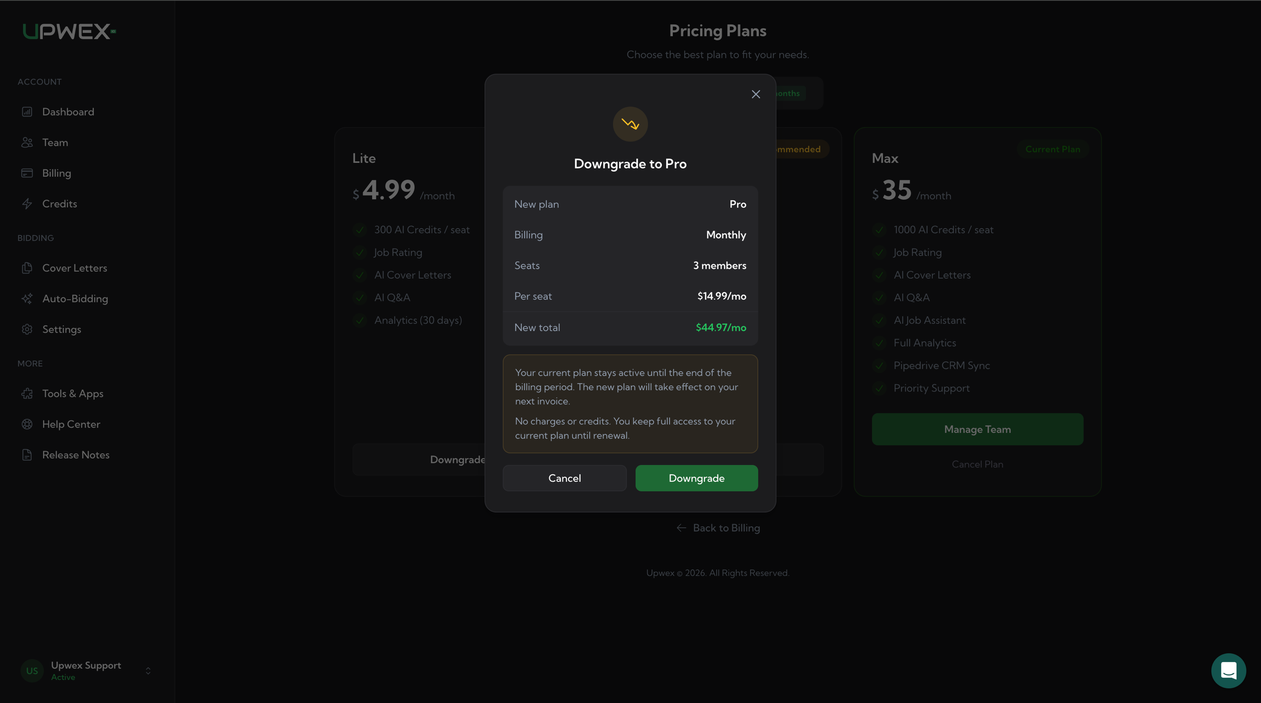 Downgrade to Pro modal: amber down-trending arrow icon, summary block (New plan: Pro, Billing: Monthly, Seats, Per seat, New total in green), amber info notice 'Your current plan stays active until the end of the billing period. The new plan will take effect on your next invoice. No charges or credits. You keep full access to your current plan until renewal.', and Cancel/Downgrade buttons