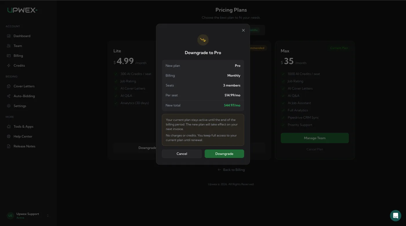 Downgrade to Pro modal: amber down-trending arrow icon, summary block (New plan: Pro, Billing: Monthly, Seats, Per seat, New total in green), amber info notice 'Your current plan stays active until the end of the billing period. The new plan will take effect on your next invoice. No charges or credits. You keep full access to your current plan until renewal.', and Cancel/Downgrade buttons
