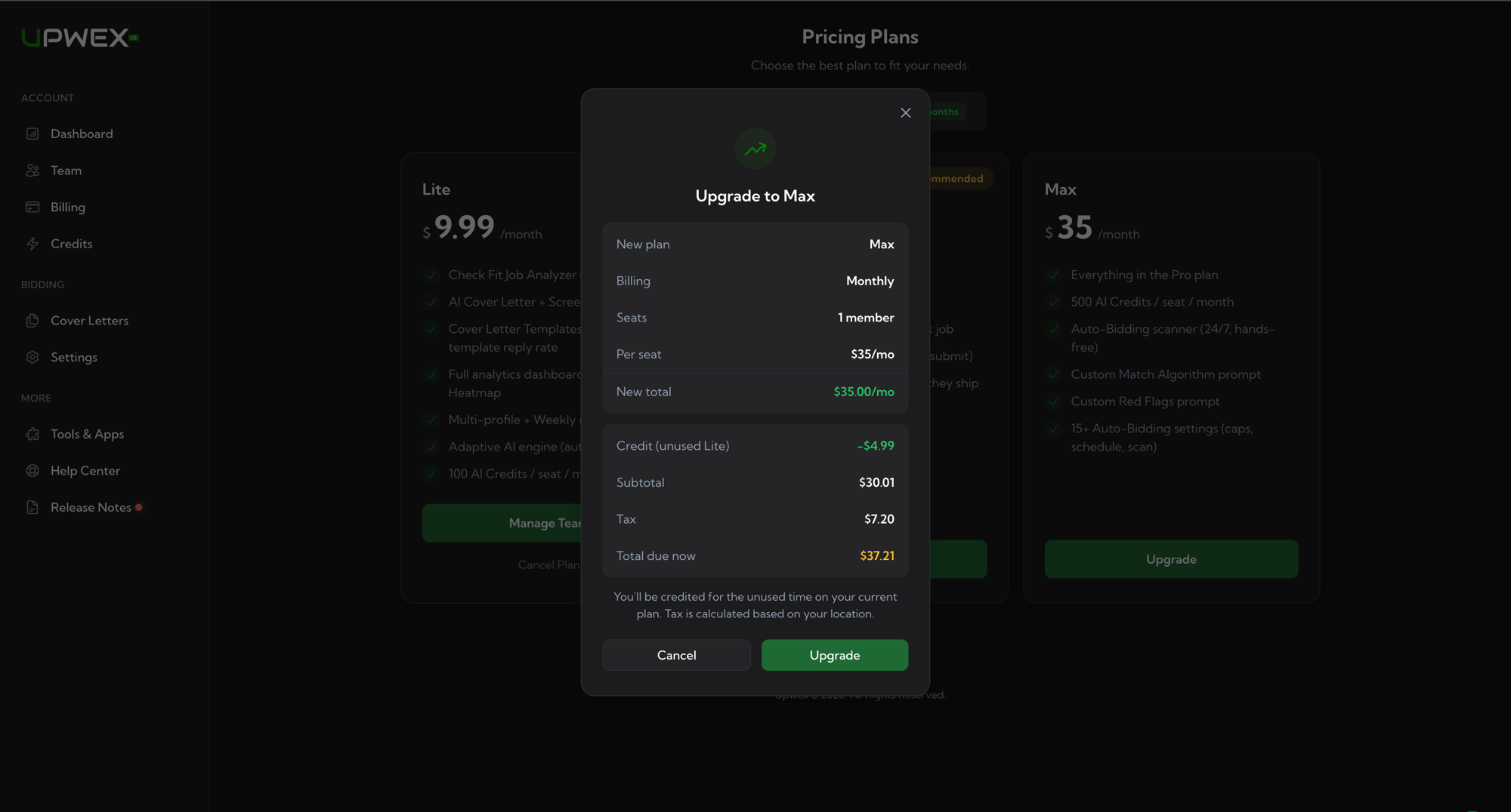 Upgrade to Max modal: green up-trending arrow icon, summary block (New plan: Max, Billing: Monthly, Seats, Per seat, New total highlighted green), proration block (Credit for unused current plan in green, Subtotal, Tax, Total due now in amber), explanatory caption, and Cancel/Upgrade buttons