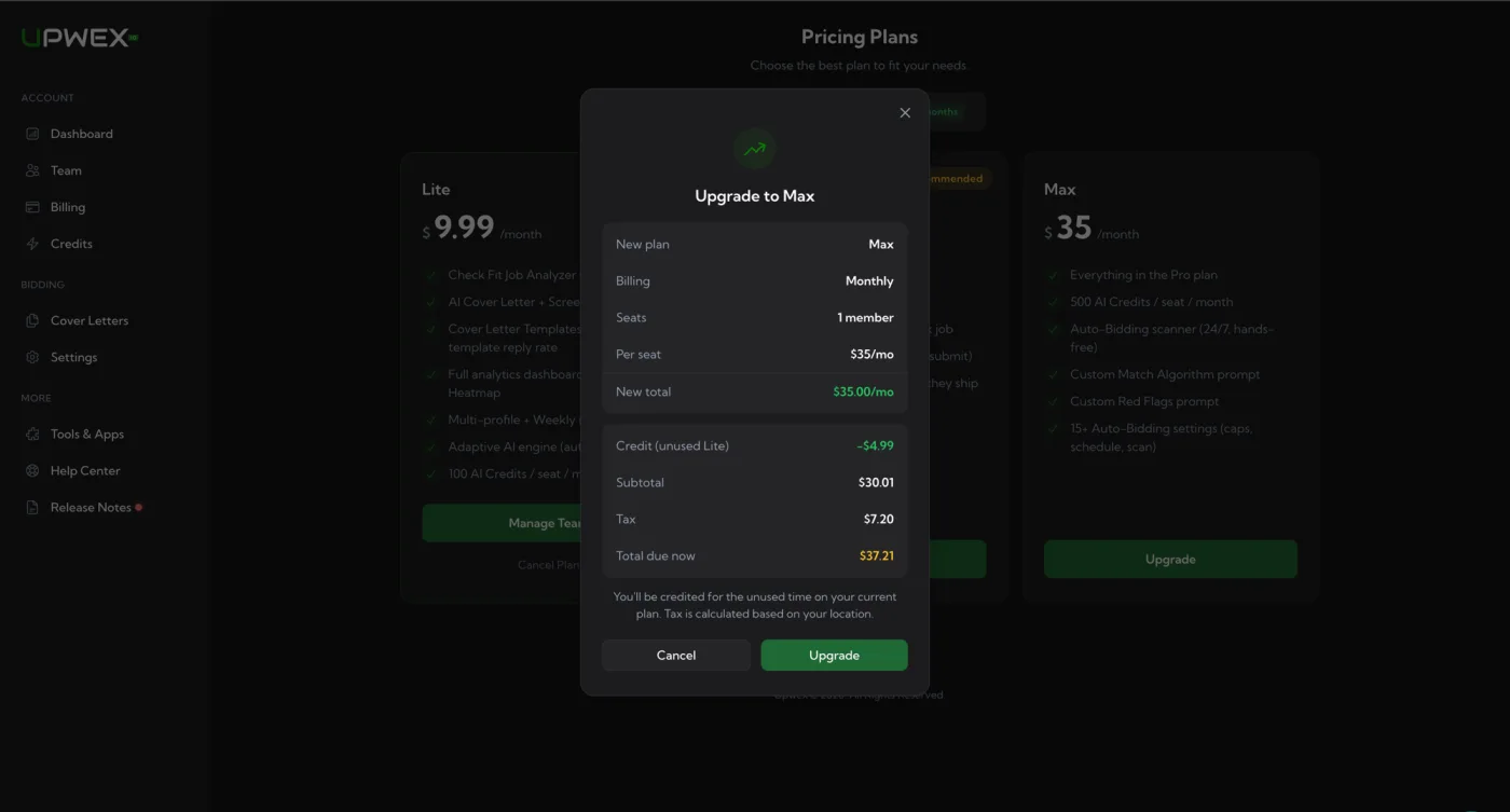 Upgrade to Max modal: green up-trending arrow icon, summary block (New plan: Max, Billing: Monthly, Seats, Per seat, New total highlighted green), proration block (Credit for unused current plan in green, Subtotal, Tax, Total due now in amber), explanatory caption, and Cancel/Upgrade buttons