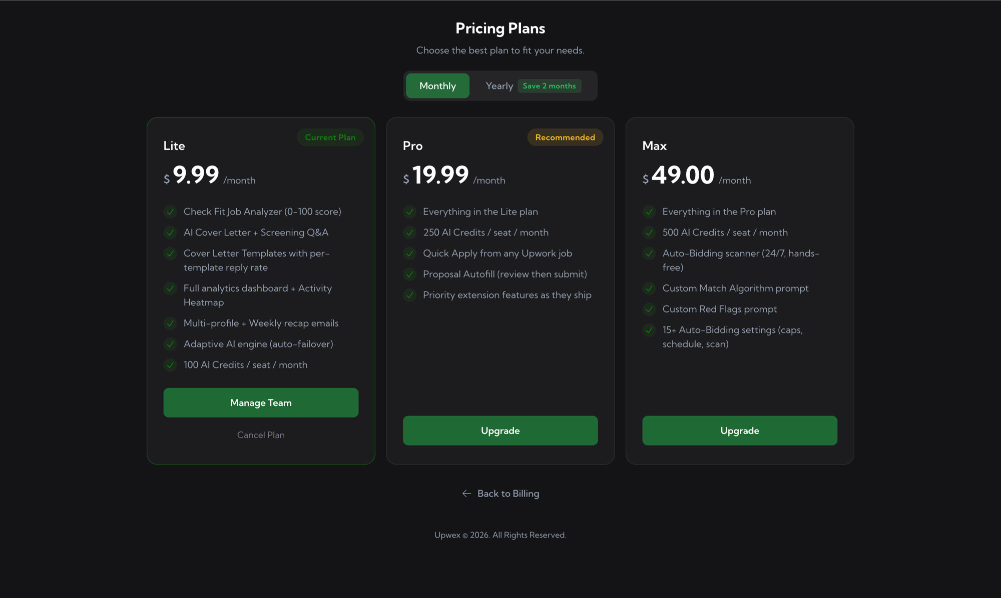 Pricing Plans page from a Lite-plan account: Lite card with the Current Plan badge plus Manage Team button and Cancel Plan link below; Pro card with an amber Recommended badge and an Upgrade button; Max card with an Upgrade button