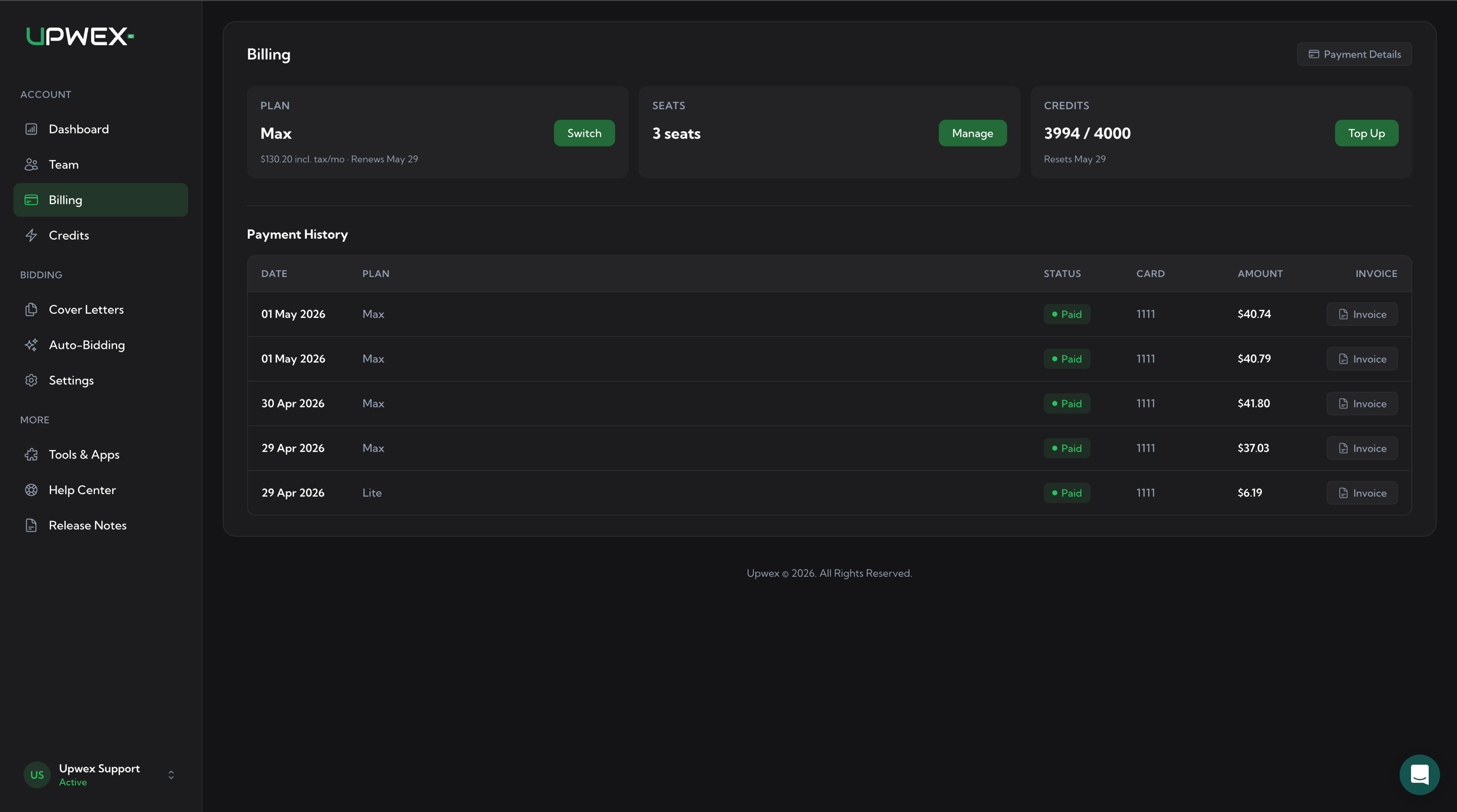 Upwex Billing page: header Billing with Payment Details button top-right; three hero cards – PLAN (Max, monthly price incl. tax, Renews May 29, Switch button), SEATS (3 seats, Manage button), CREDITS (3994/4000, Resets May 29, Top Up button); below, Payment History table with five rows of paid Max/Lite invoices, Visa ending in 1111, the invoice amounts, each with an Invoice download button