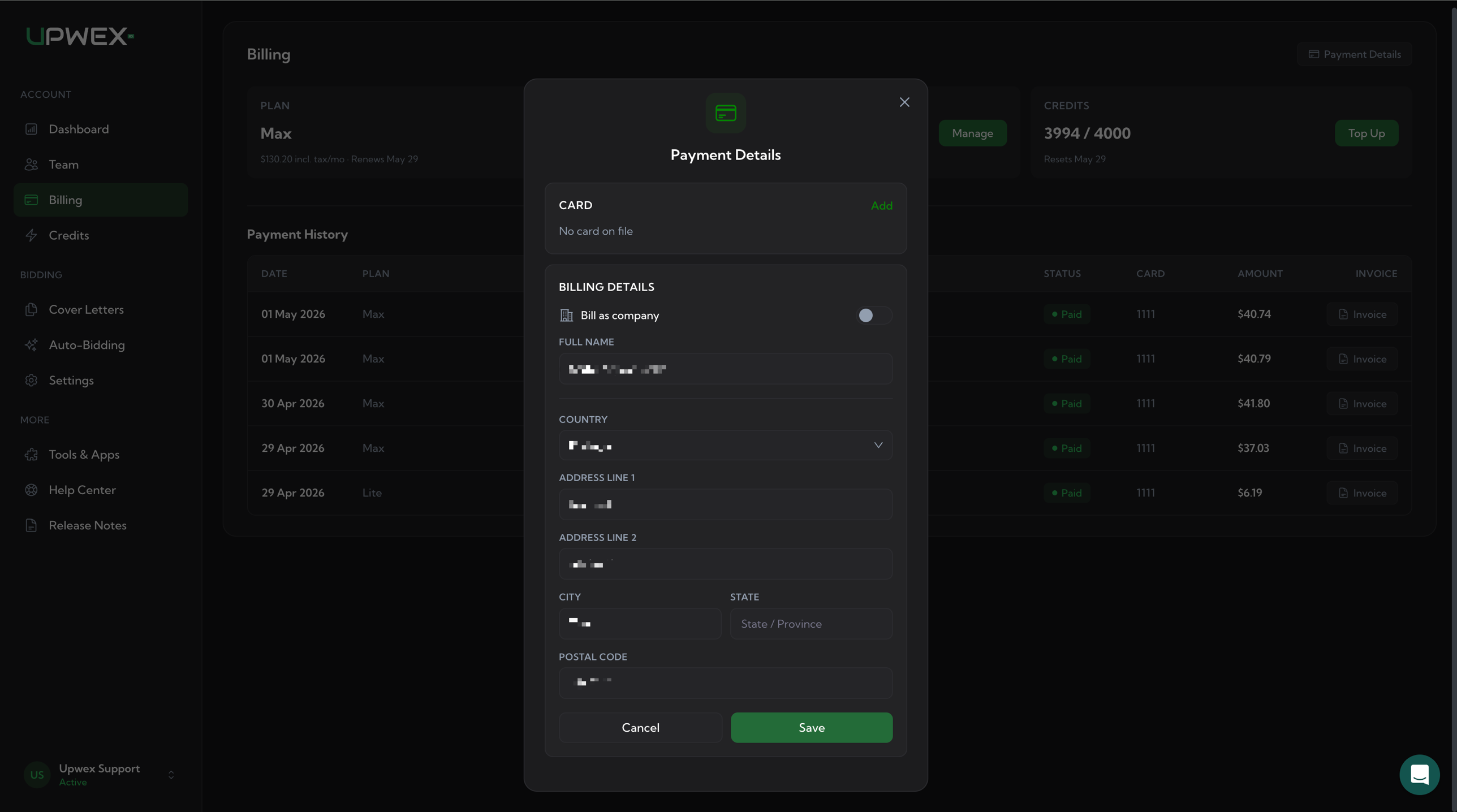 Payment Details modal in empty state: CARD section reads No card on file with a green Add link top-right; BILLING DETAILS section below with a Bill as company toggle (off), FULL NAME input, COUNTRY dropdown, ADDRESS LINE 1, ADDRESS LINE 2, CITY, STATE/Province, POSTAL CODE inputs, plus Cancel and green Save buttons at the bottom