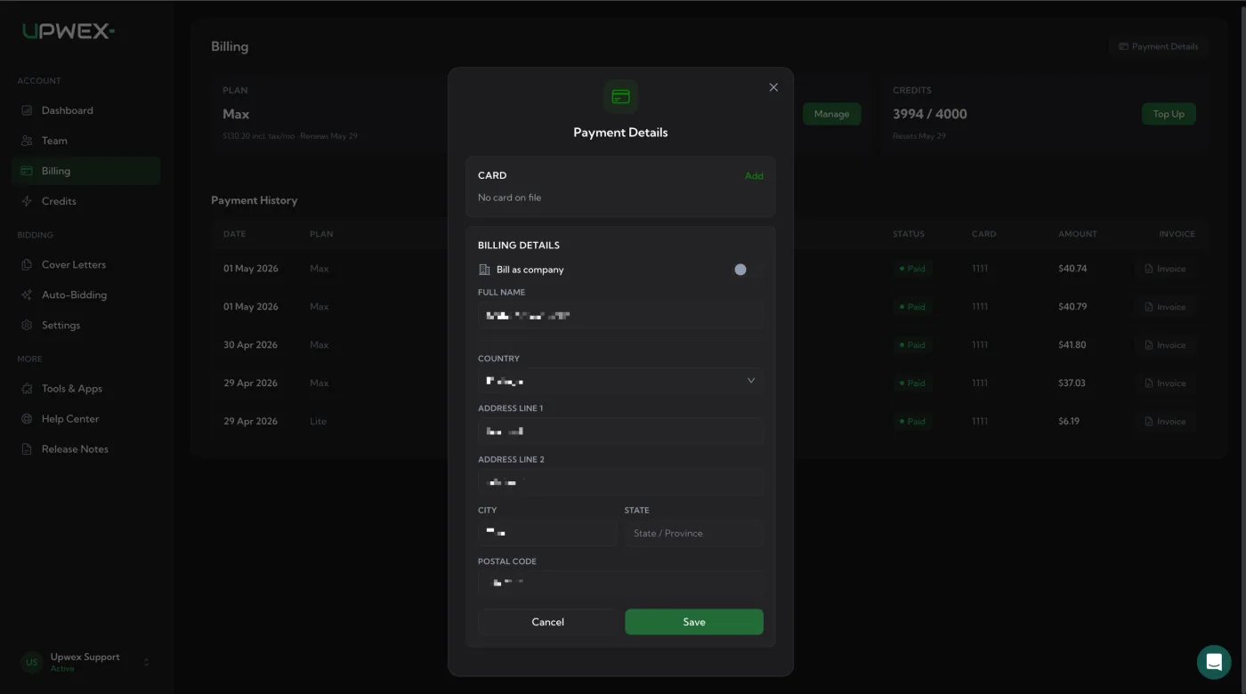 Payment Details modal in empty state: CARD section reads No card on file with a green Add link top-right; BILLING DETAILS section below with a Bill as company toggle (off), FULL NAME input, COUNTRY dropdown, ADDRESS LINE 1, ADDRESS LINE 2, CITY, STATE/Province, POSTAL CODE inputs, plus Cancel and green Save buttons at the bottom