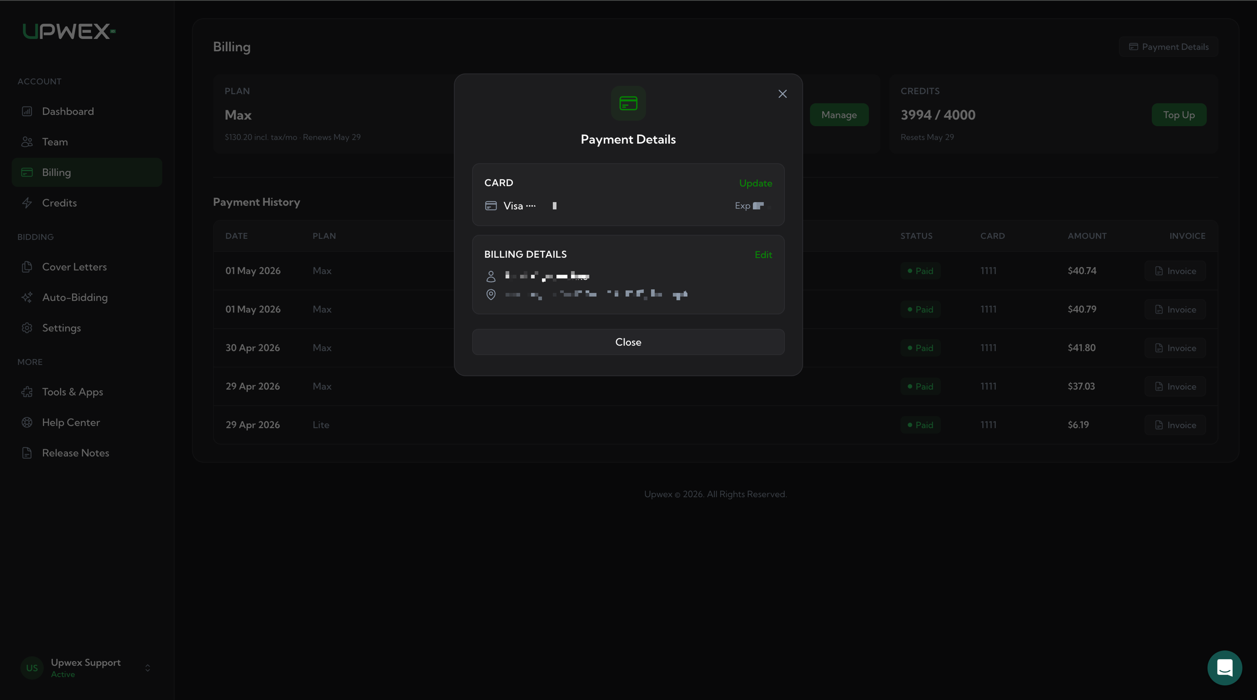 Payment Details modal in filled state: CARD section shows Visa with last four digits and an Exp date, plus a green Update link top-right; BILLING DETAILS section shows the saved billing name (with person icon) and address (with location icon), plus a green Edit link top-right; below, a single Close button