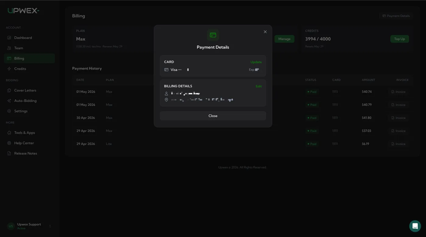 Payment Details modal in filled state: CARD section shows Visa with last four digits and an Exp date, plus a green Update link top-right; BILLING DETAILS section shows the saved billing name (with person icon) and address (with location icon), plus a green Edit link top-right; below, a single Close button