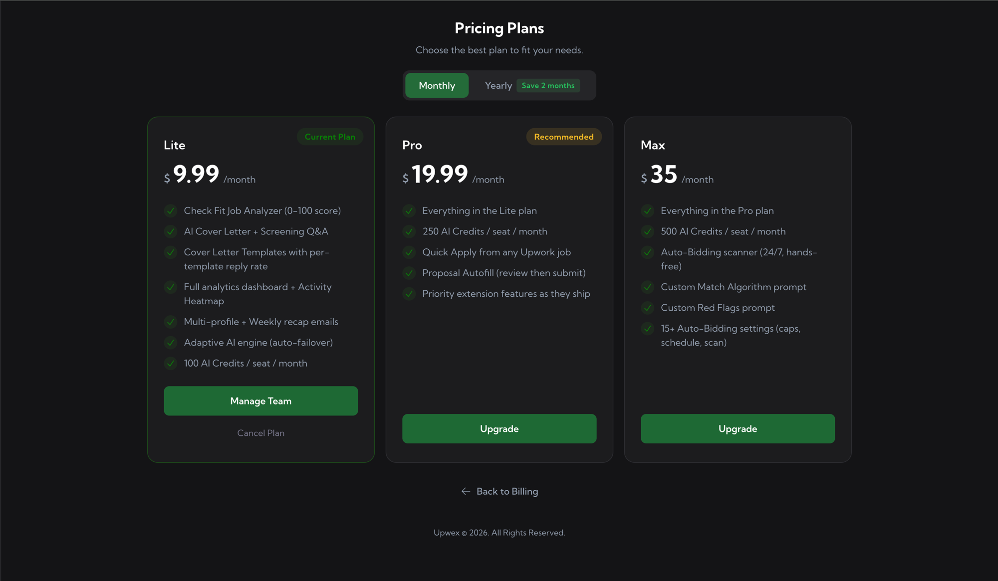 Pricing Plans page from a Lite-plan account: Lite card has a green Current Plan badge in top-right, a green Manage Team button at the bottom, and a quiet grey Cancel Plan text link directly under it; Pro card with an amber Recommended badge and an Upgrade button; Max card with an Upgrade button