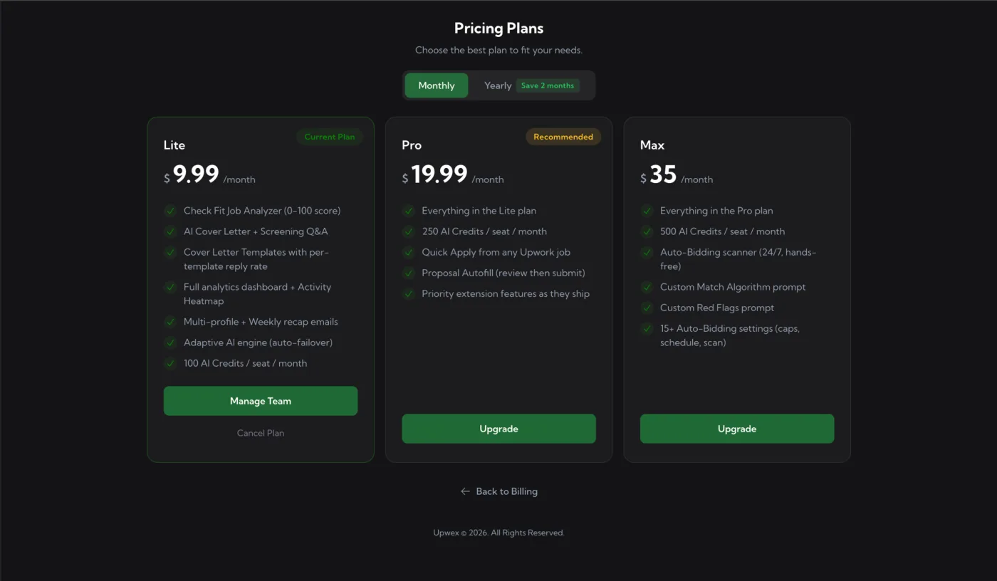 Pricing Plans page from a Lite-plan account: Lite card has a green Current Plan badge in top-right, a green Manage Team button at the bottom, and a quiet grey Cancel Plan text link directly under it; Pro card with an amber Recommended badge and an Upgrade button; Max card with an Upgrade button