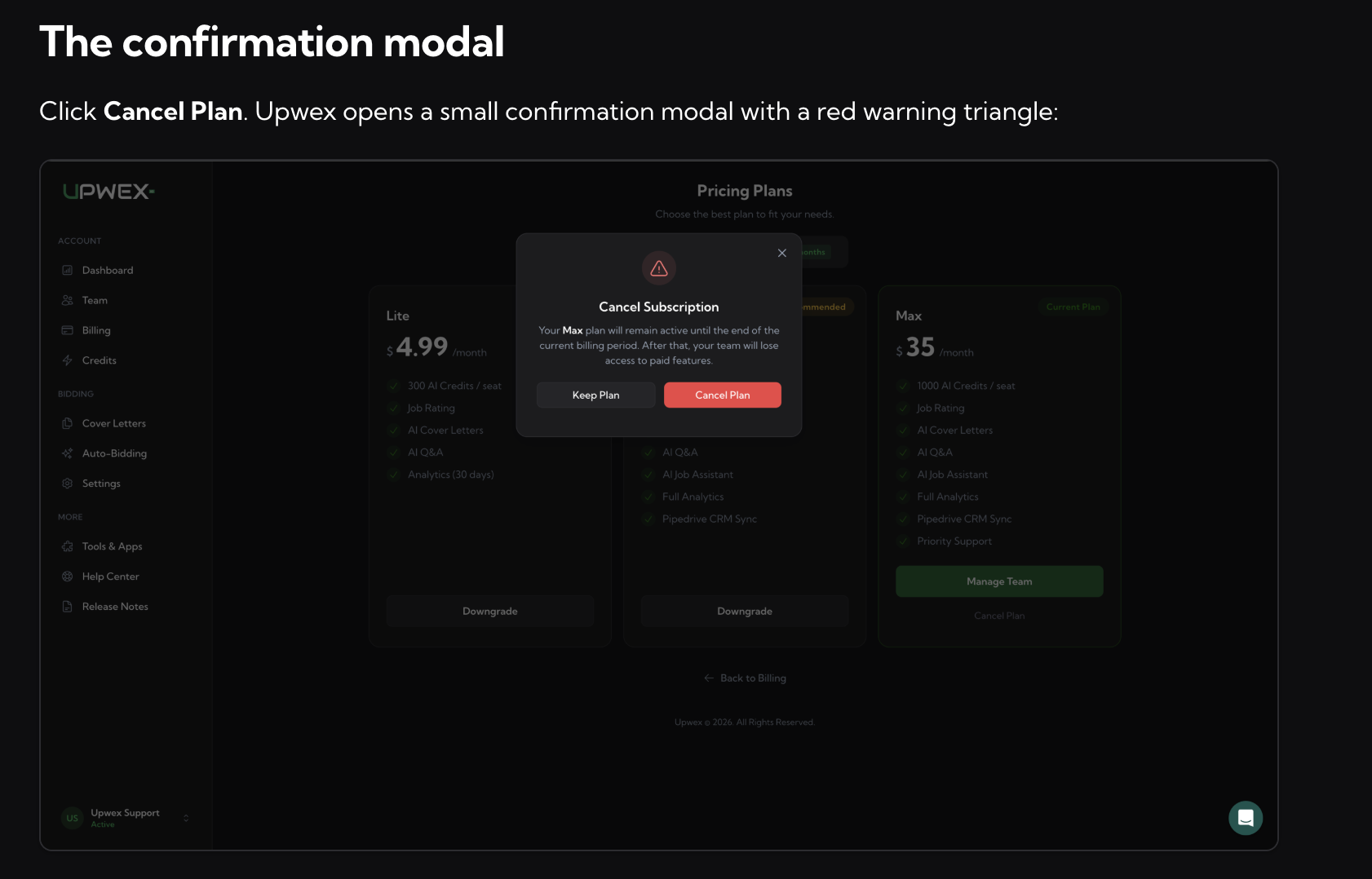 Pricing Plans page with the Cancel Subscription modal open over it: modal has a red warning-triangle icon at top, the title 'Cancel Subscription', body text reading 'Your [Plan] plan will remain active until the end of the current billing period. After that, your team will lose access to paid features.', plus two buttons – Keep Plan (grey outline) on the left and Cancel Plan (solid red) on the right; behind the modal you can see the Lite, Pro and Max pricing cards with the active plan visible