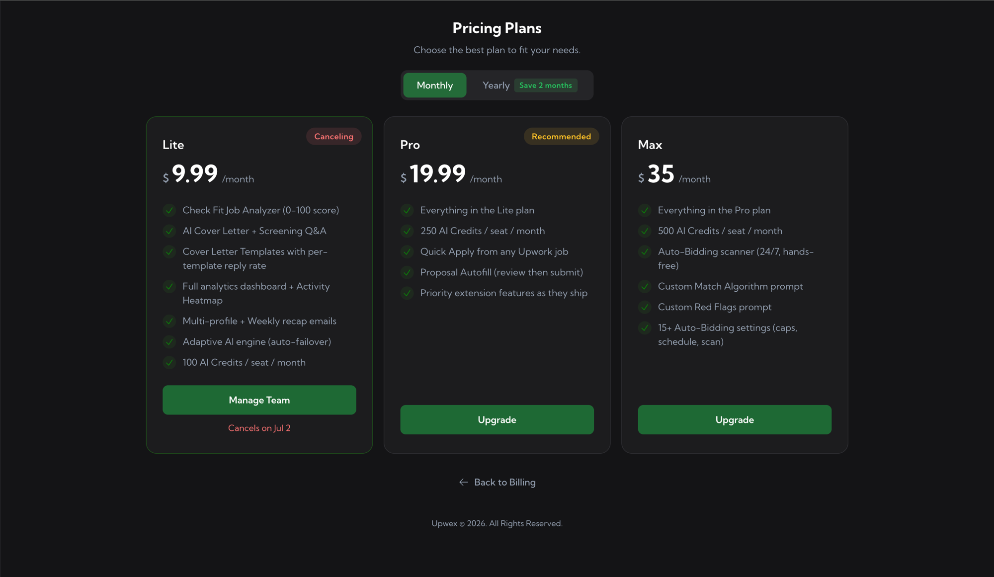 Pricing Plans page after cancellation confirmed (Lite-plan account): Lite card now shows a red Canceling badge in top-right (replacing the green Current Plan badge), Manage Team button still green and active, and red text 'Cancels on Jul 2' below the button instead of the Cancel Plan link; Pro card with Recommended badge and Upgrade button, Max card with Upgrade button