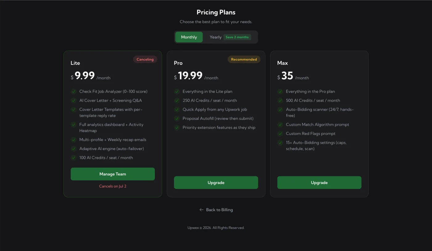Pricing Plans page after cancellation confirmed (Lite-plan account): Lite card now shows a red Canceling badge in top-right (replacing the green Current Plan badge), Manage Team button still green and active, and red text 'Cancels on Jul 2' below the button instead of the Cancel Plan link; Pro card with Recommended badge and Upgrade button, Max card with Upgrade button