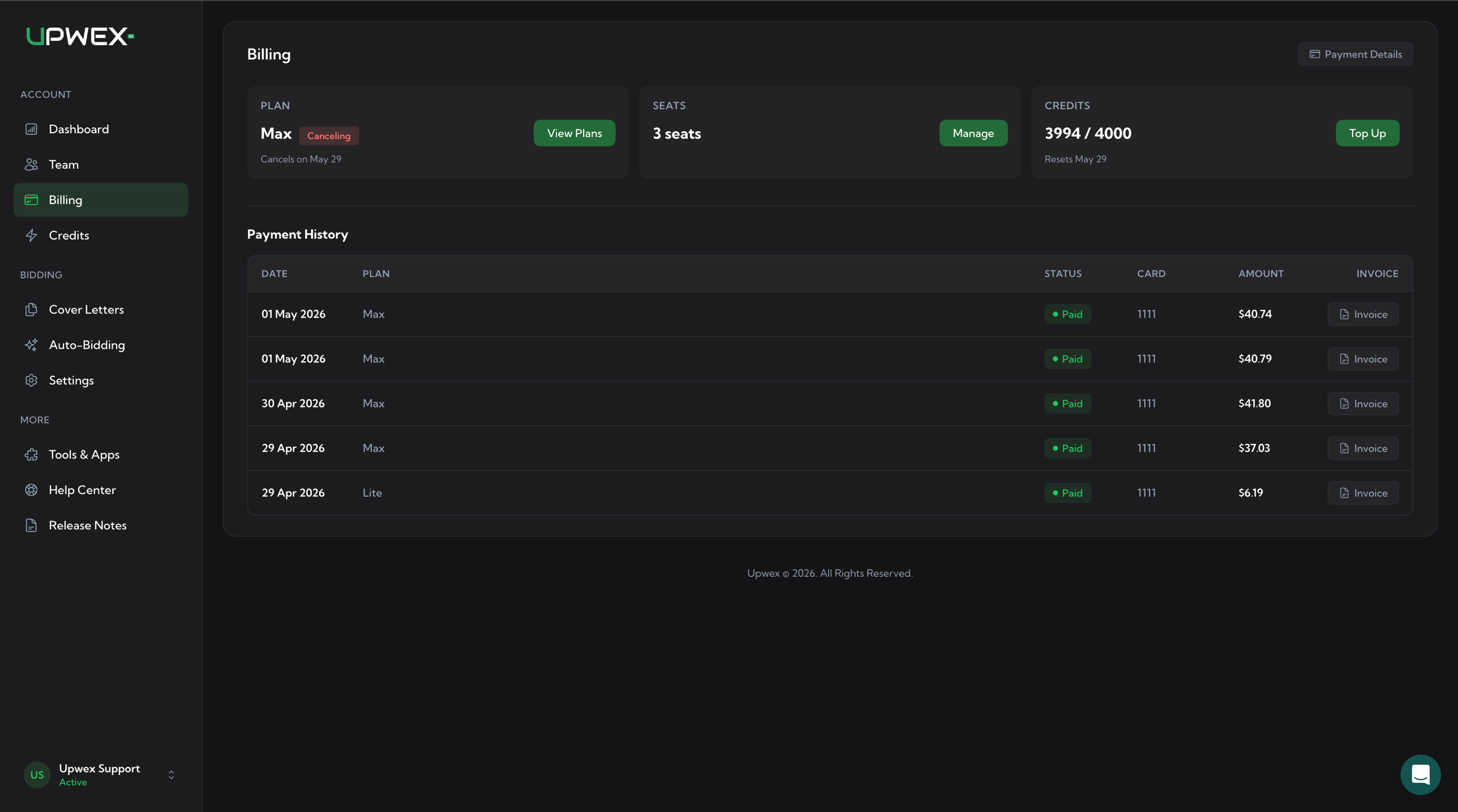 Billing page with cancelling subscription: PLAN hero card shows 'Max [Canceling]' with a red Canceling badge inline next to the plan name, the subtitle reads 'Cancels on May 29' (instead of Renews May 29), and the green button at the right has changed from Switch to View Plans; SEATS card unchanged at 3 seats with Manage button; CREDITS card still shows 3994/4000 with Top Up button and Resets May 29; Payment History table at the bottom unchanged with all paid invoices