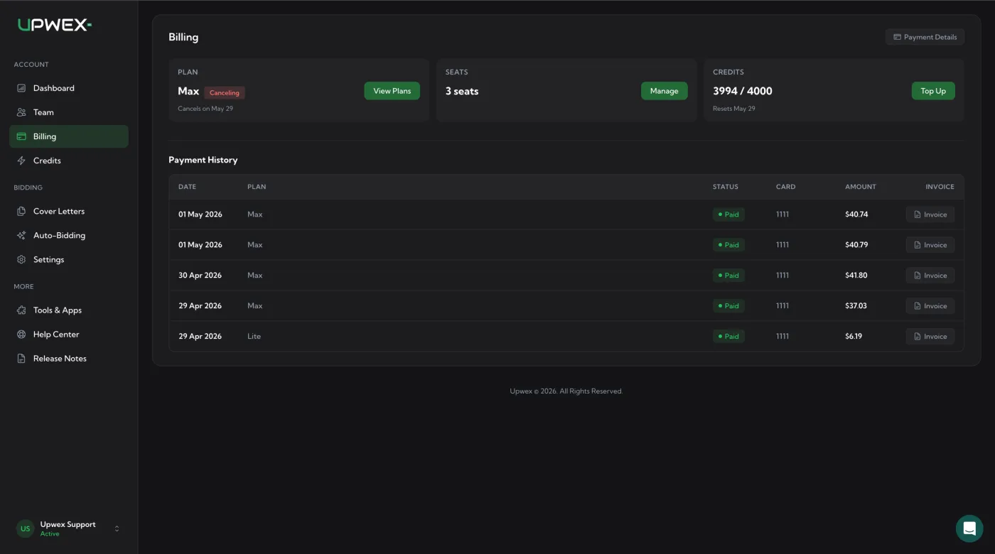 Billing page with cancelling subscription: PLAN hero card shows 'Max [Canceling]' with a red Canceling badge inline next to the plan name, the subtitle reads 'Cancels on May 29' (instead of Renews May 29), and the green button at the right has changed from Switch to View Plans; SEATS card unchanged at 3 seats with Manage button; CREDITS card still shows 3994/4000 with Top Up button and Resets May 29; Payment History table at the bottom unchanged with all paid invoices