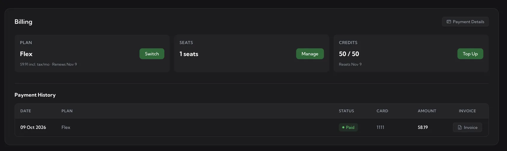 Upwex Billing page on Flex: Payment Details button top right; Plan card showing Flex with the price incl. tax/mo, the renewal date and a Switch button; Seats card with a Manage button; Credits card showing 50 / 50 with a Top Up button and the reset date; below, the Payment History table with an Invoice button on each row