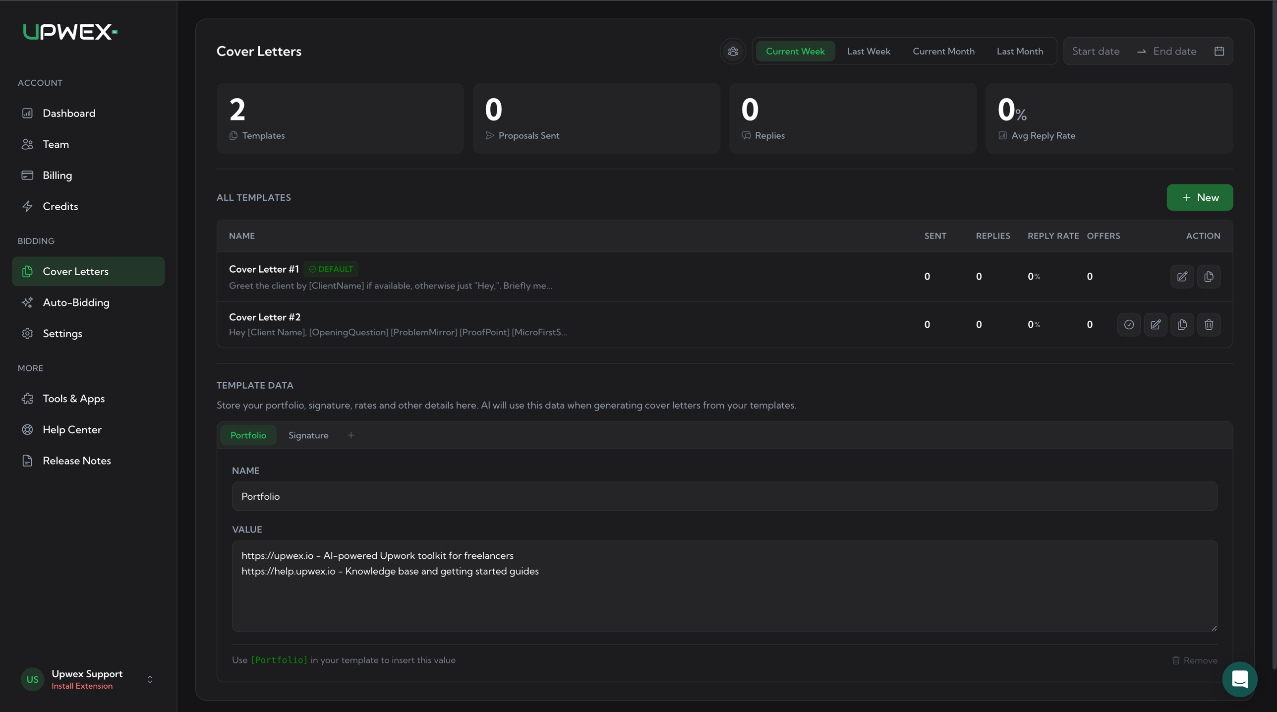 Cover Letters page in Upwex account – list of templates with a DEFAULT badge on the active one; columns SENT, REPLIES, REPLY RATE, OFFERS, ACTION; below – TEMPLATE DATA section with Portfolio and Signature tabs