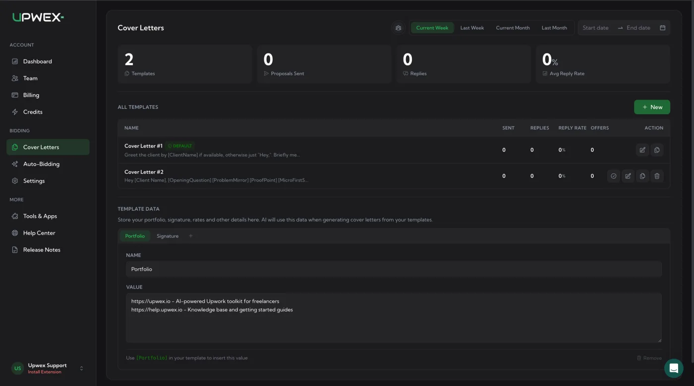 Cover Letters page in Upwex account – list of templates with a DEFAULT badge on the active one; columns SENT, REPLIES, REPLY RATE, OFFERS, ACTION; below – TEMPLATE DATA section with Portfolio and Signature tabs