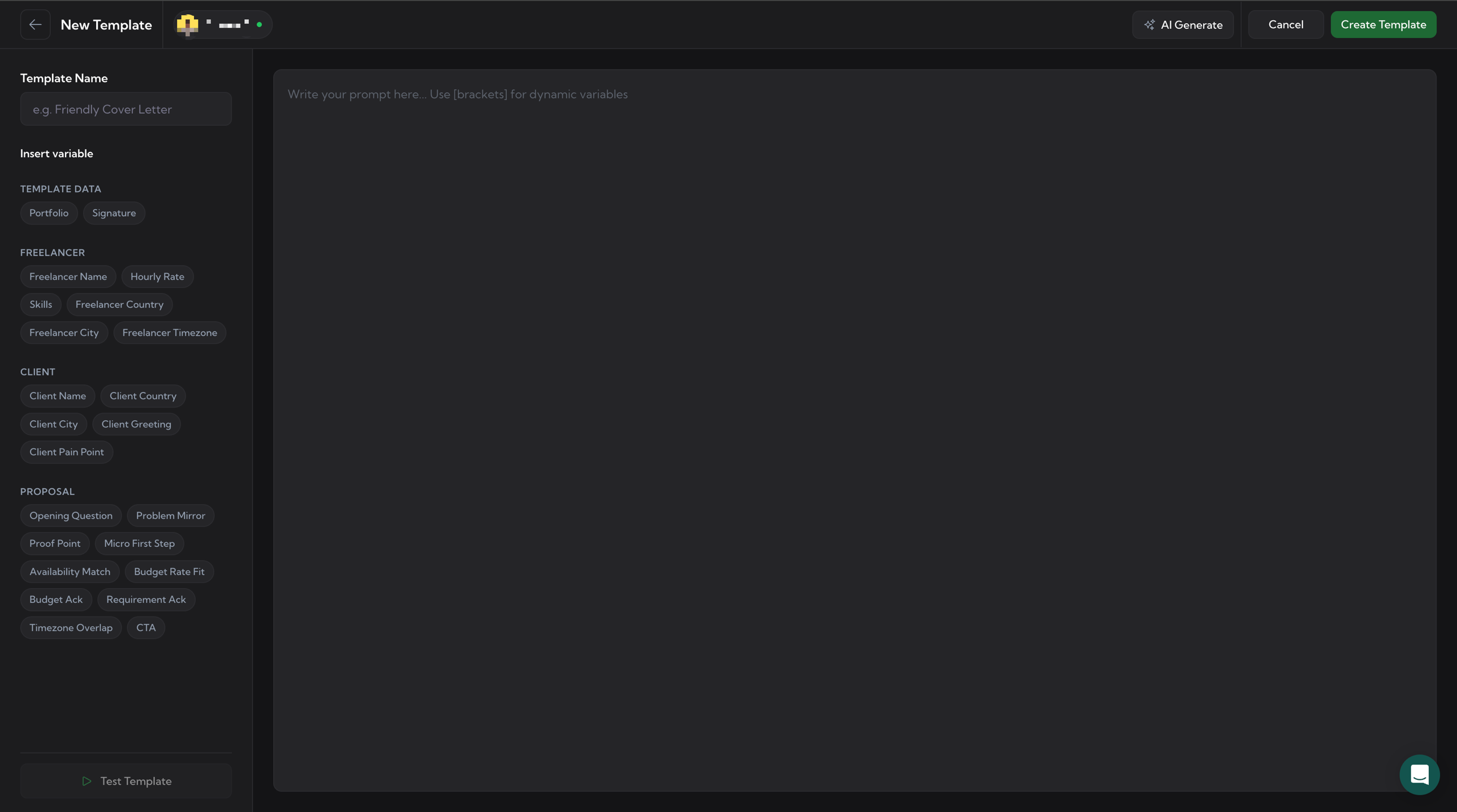 Empty New Template editor – left sidebar with Template Name field and Insert variable sections (TEMPLATE DATA, FREELANCER, CLIENT, PROPOSAL); right area with placeholder Write your prompt here… Use [brackets] for dynamic variables; top-right buttons AI Generate, Cancel, Create Template
