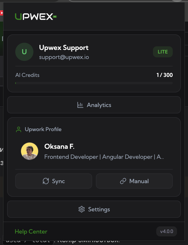 Upwex extension popup – UPWEX header logo, signed-in user card with avatar, name, email, plan and trial badge, AI Credits usage bar, Analytics button, Upwork Profile section with Sync and Manual buttons, Settings button, footer with Help Center link and version