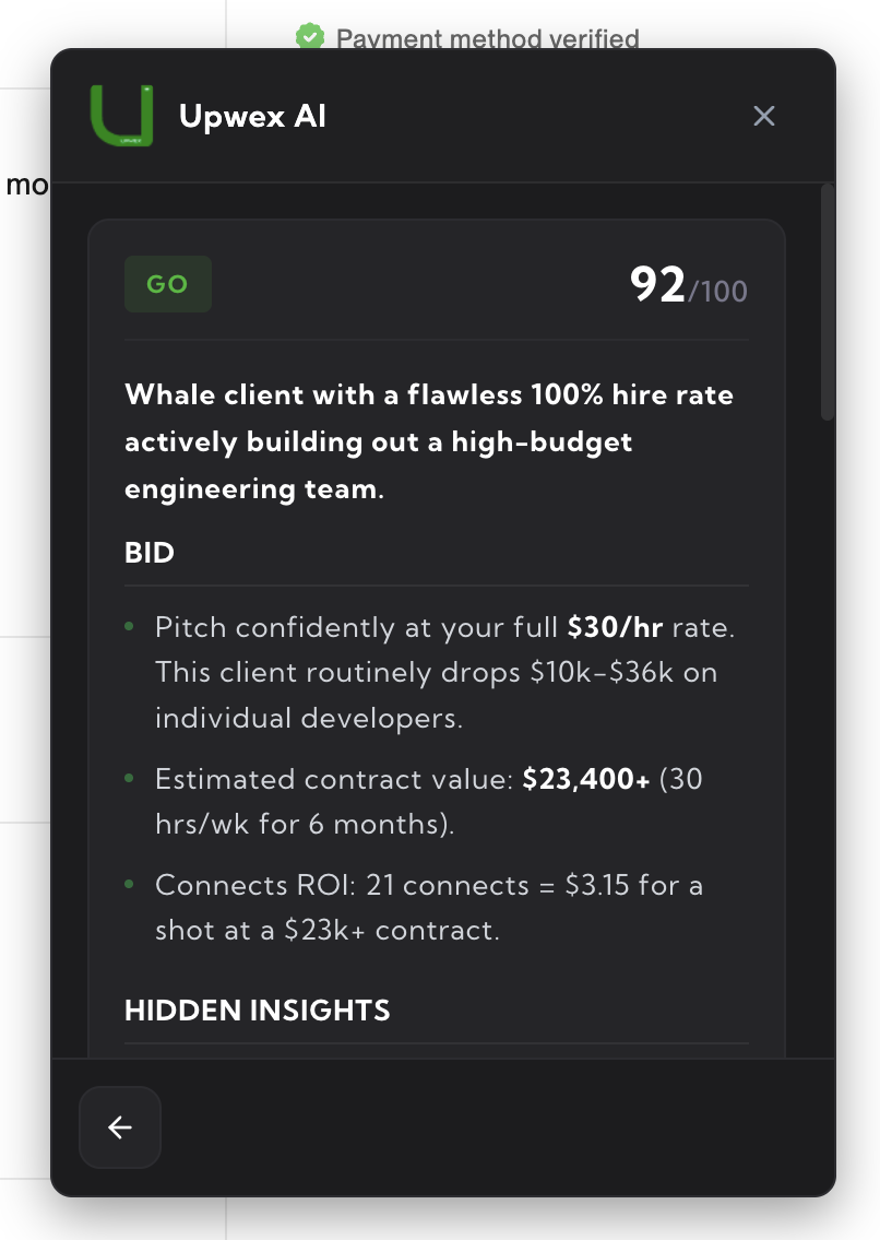 Expanded Upwex AI widget with Check Fit results – GO verdict 92/100, summary, BID section with rate and contract value tips, HIDDEN INSIGHTS
