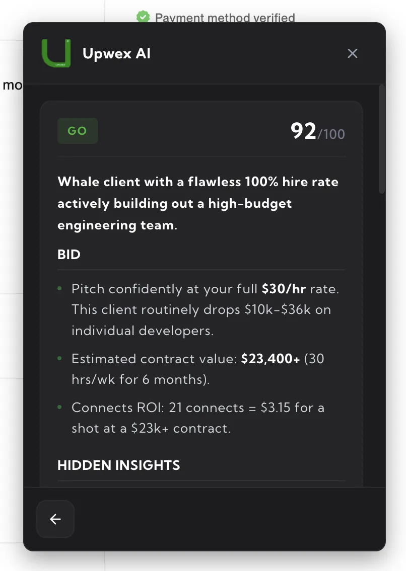 Expanded Upwex AI widget with Check Fit results – GO verdict 92/100, summary, BID section with rate and contract value tips, HIDDEN INSIGHTS