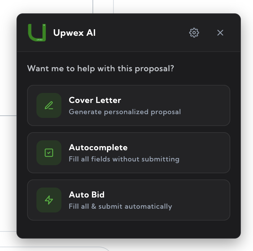 Upwex Cover Letter widget card on the Upwork proposal form – three action buttons (Cover Letter, Autocomplete, Auto Bid) on the start screen