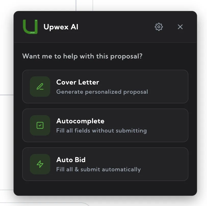 Upwex Cover Letter widget card on the Upwork proposal form – three action buttons (Cover Letter, Autocomplete, Auto Bid) on the start screen