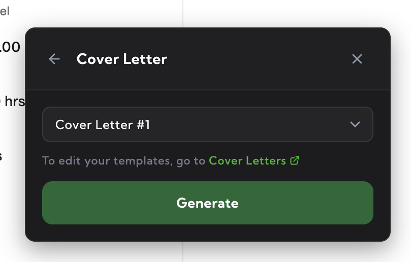 Upwex Cover Letter widget template picker – dropdown listing all saved Cover Letter Templates with the DEFAULT one pre-selected, allowing the user to switch templates before generation