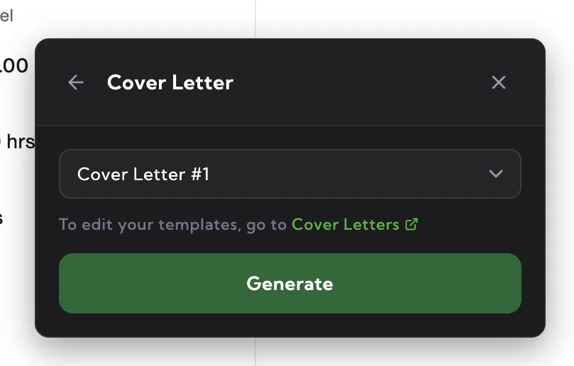 Upwex Cover Letter widget template picker – dropdown listing all saved Cover Letter Templates with the DEFAULT one pre-selected, allowing the user to switch templates before generation