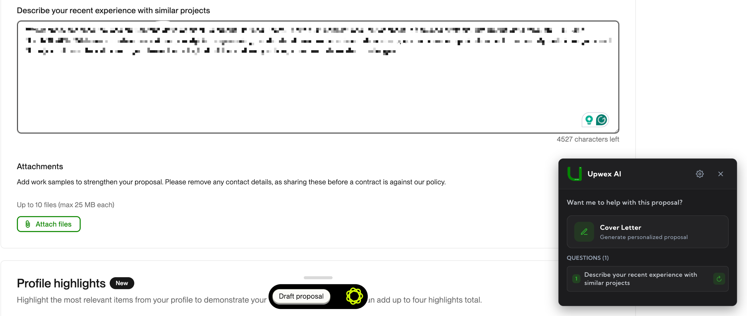 Single screening question with the AI-generated answer filled into the Upwork proposal form – answered state shows the regenerate (↻) icon next to the question, ready for review or another regeneration