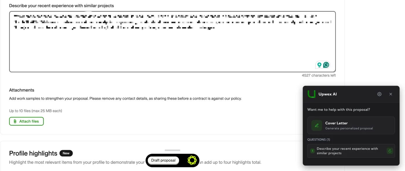 Single screening question with the AI-generated answer filled into the Upwork proposal form – answered state shows the regenerate (↻) icon next to the question, ready for review or another regeneration