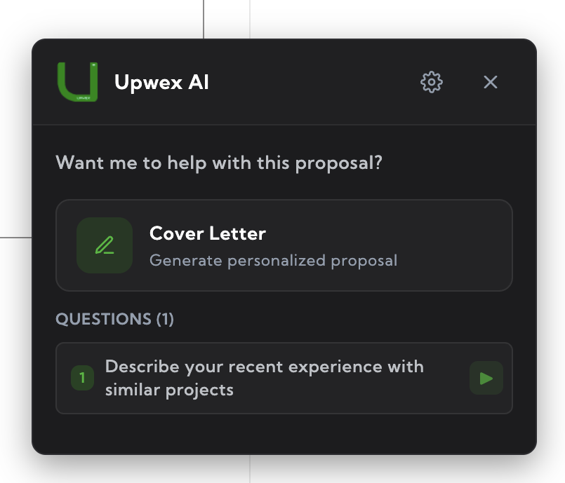 Questions section in the Upwex Cover Letter widget – list of detected screening questions from the Upwork proposal form, each row showing the question number, question text and a per-question generate / regenerate icon button