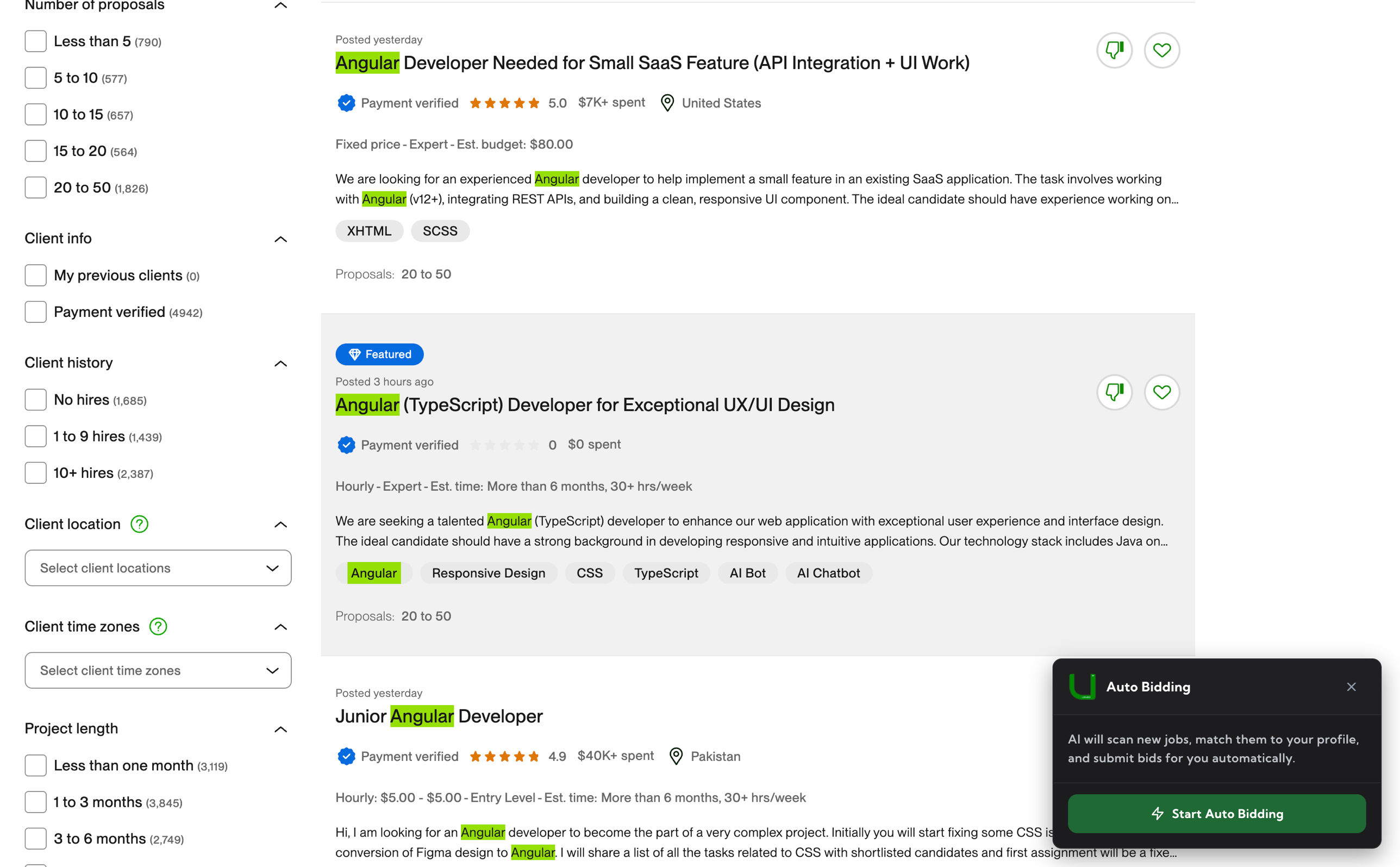 Auto Bid widget on an Upwork search results page – floating panel with Upwex AI logo and a Start Auto Bidding call-to-action button