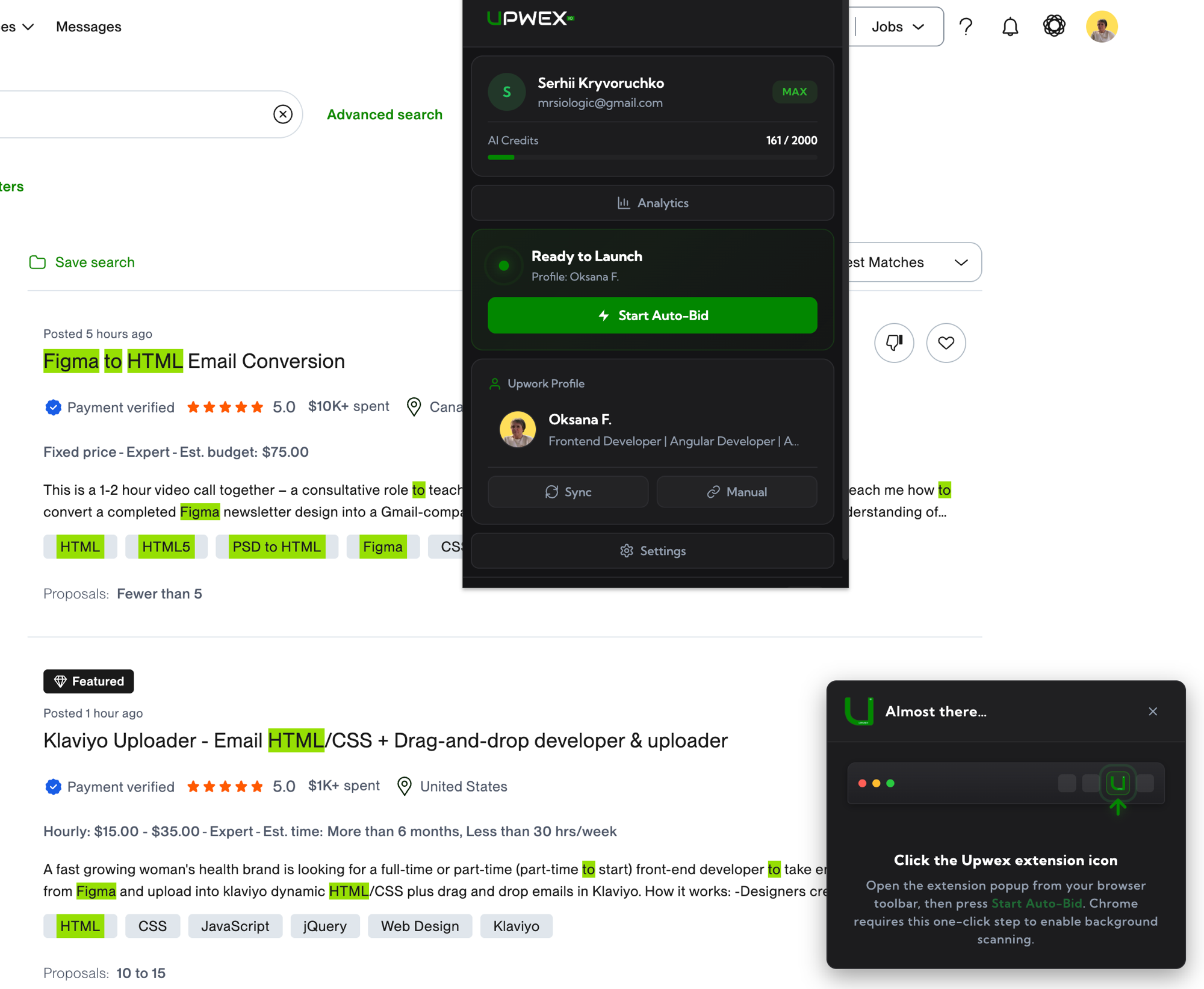 Upwork search page with two Upwex overlays – bottom-right: the 'Almost there…' widget with a mini browser-toolbar illustration and an animated arrow pointing up to the highlighted Upwex extension icon, instructing the user to click the Upwex icon in the toolbar; top-right: the extension popup opened above the page with a green Ready to Launch hero card (Profile: Oksana F.) and a Start Auto-Bid button