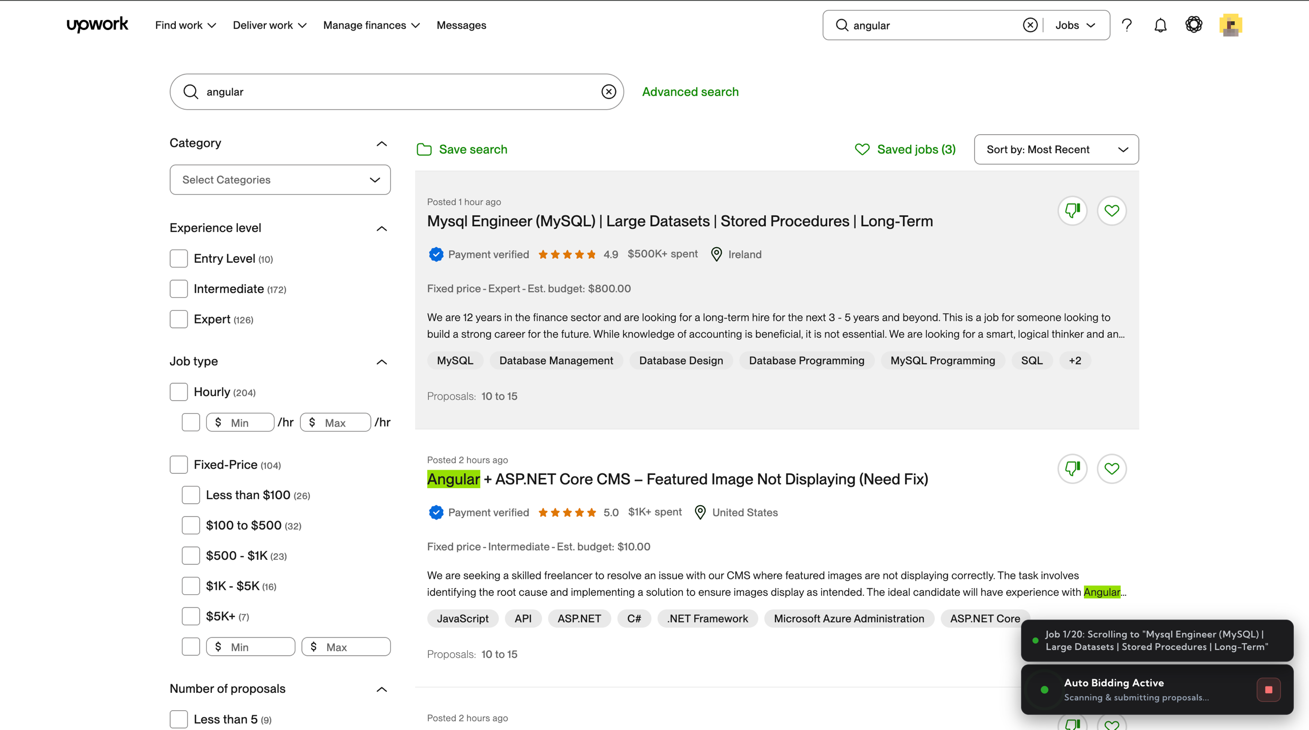 Auto Bid running state – compact widget showing 'Auto Bidding Active' with a red Stop button, plus a log widget streaming real-time scan progress for each Upwork job