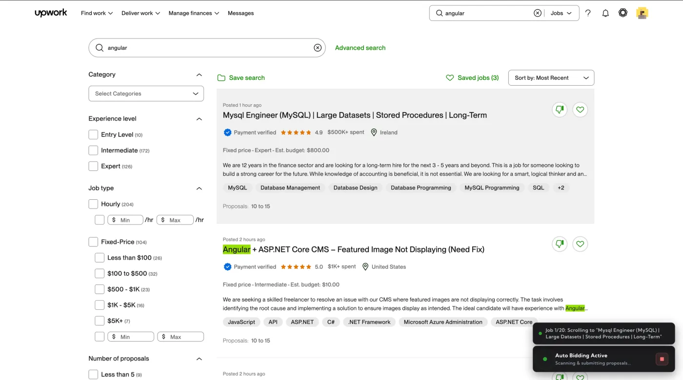 Auto Bid running state – compact widget showing 'Auto Bidding Active' with a red Stop button, plus a log widget streaming real-time scan progress for each Upwork job
