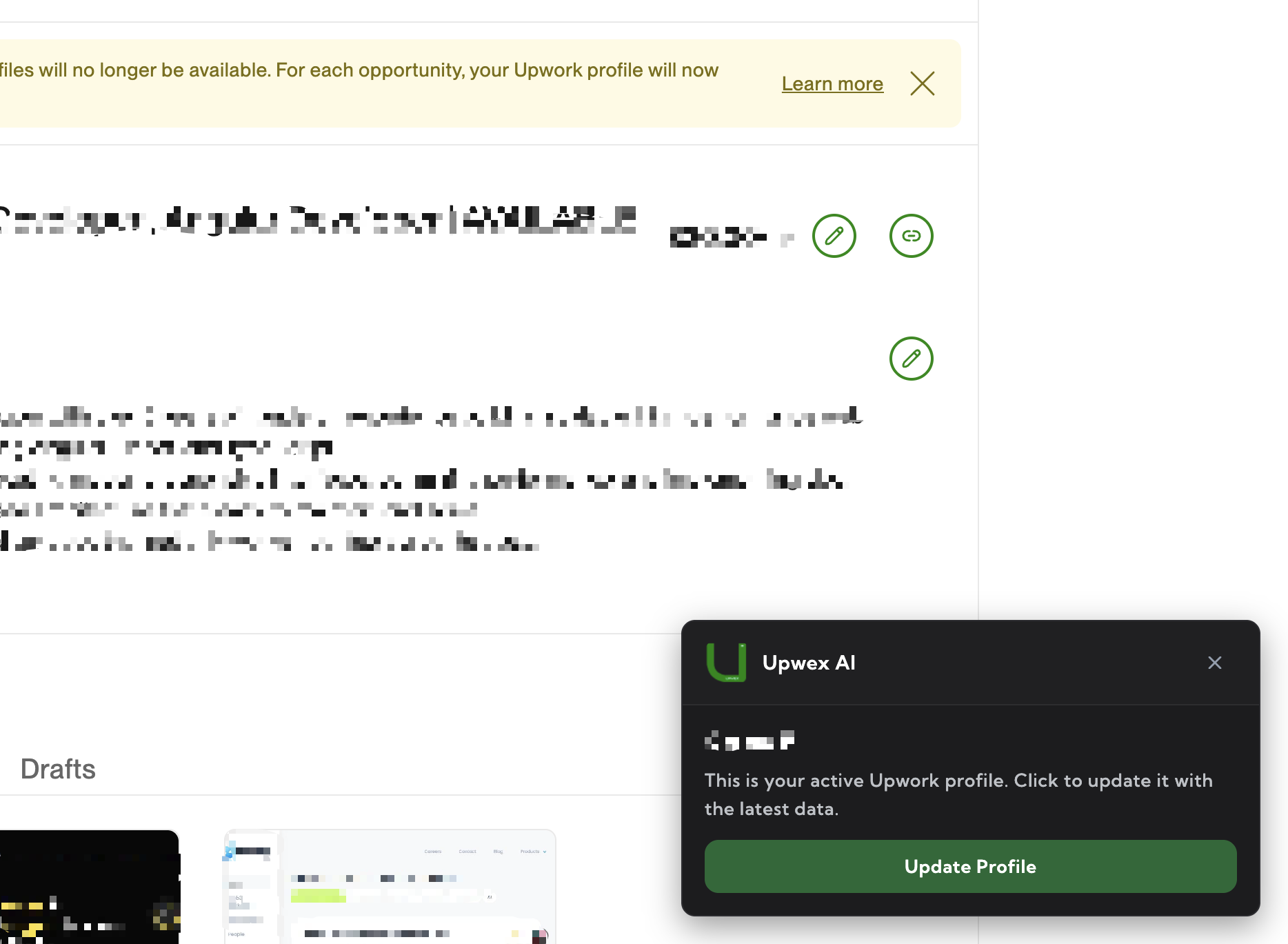 Profile Sync widget on an Upwork freelancer profile page – small floating Upwex panel in the bottom-left corner with the Update Profile action button