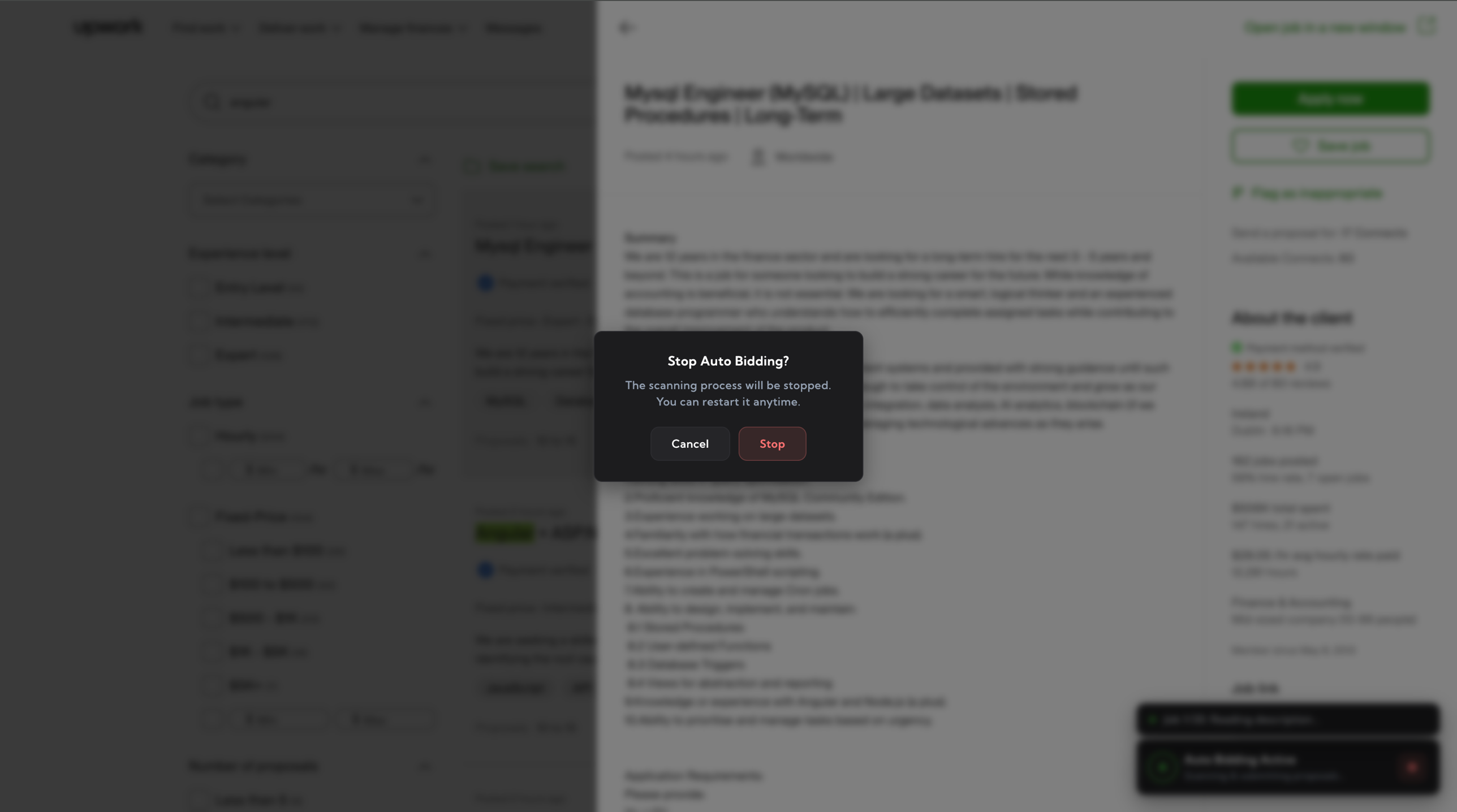 Auto Bid stop confirmation modal – dark dialog asking the user to confirm stopping the active Auto Bid session, with Cancel and red Stop action buttons