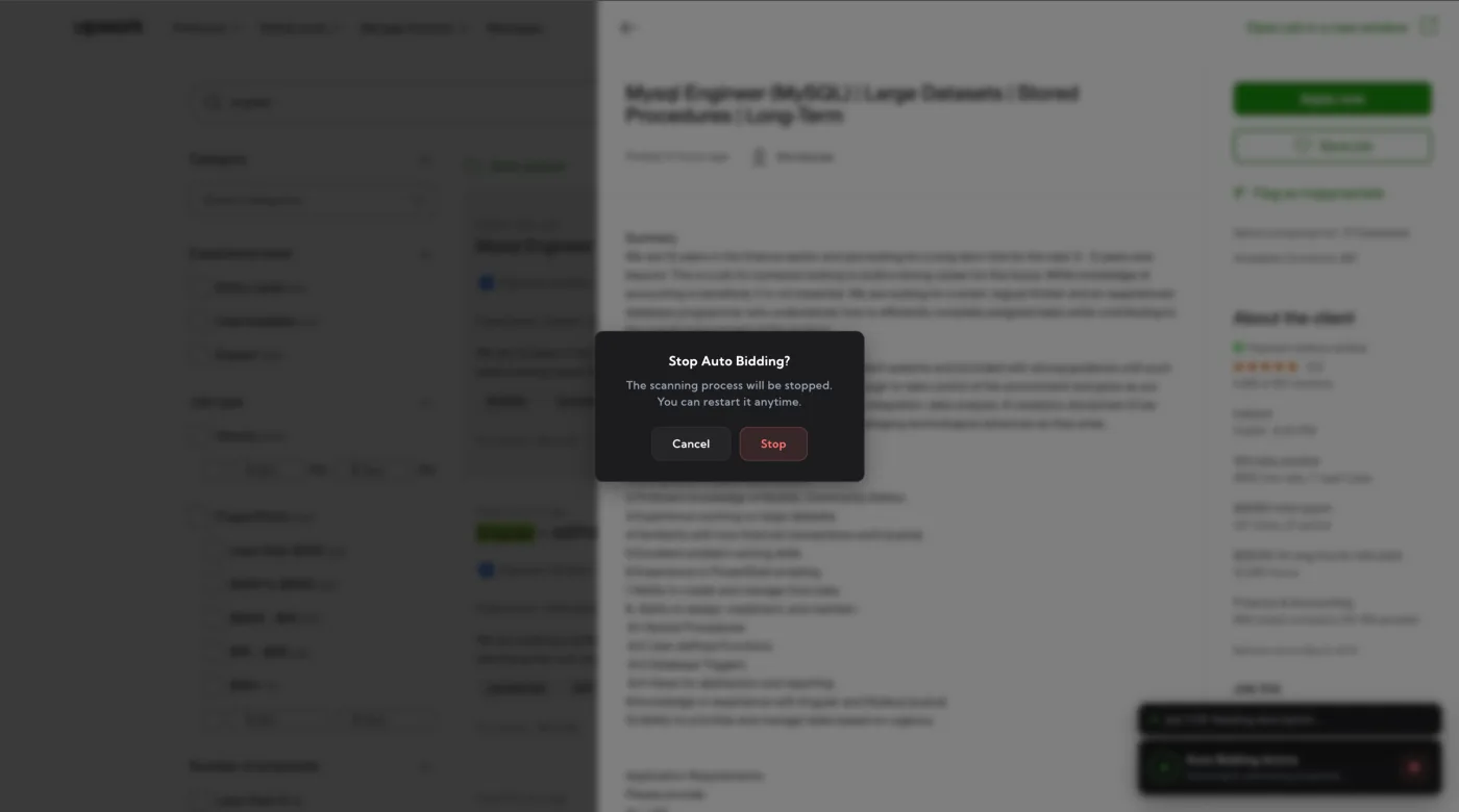 Auto Bid stop confirmation modal – dark dialog asking the user to confirm stopping the active Auto Bid session, with Cancel and red Stop action buttons