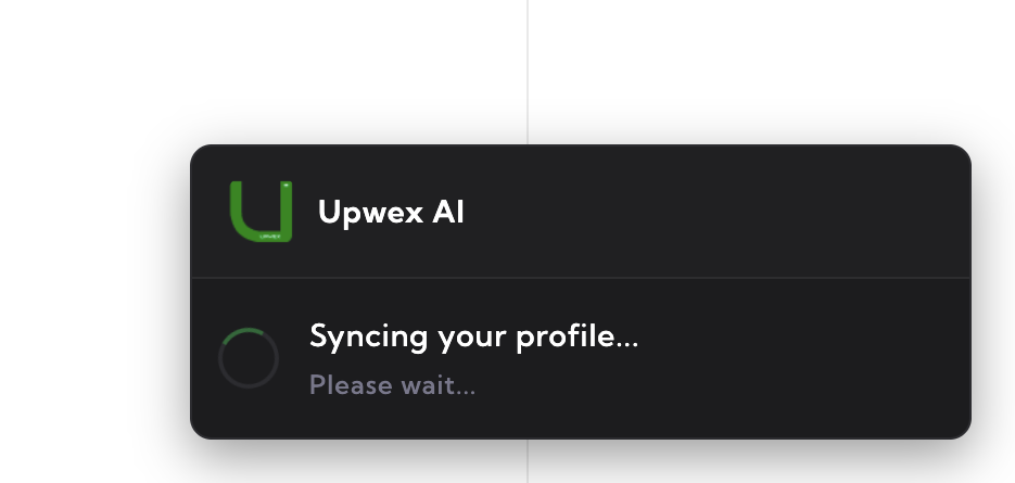 Profile Sync widget in the syncing state – compact panel showing 'Syncing profile...' label with a loading spinner while Upwex reads and uploads the freelancer profile data