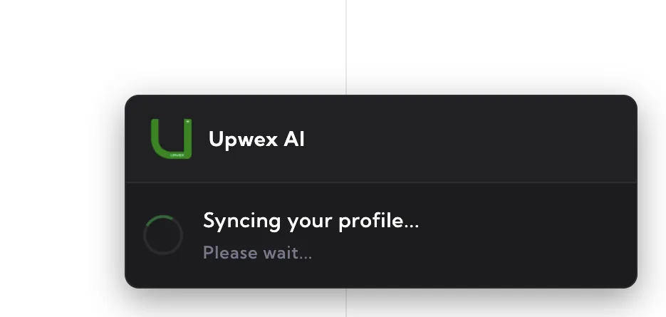 Profile Sync widget in the syncing state – compact panel showing 'Syncing profile...' label with a loading spinner while Upwex reads and uploads the freelancer profile data