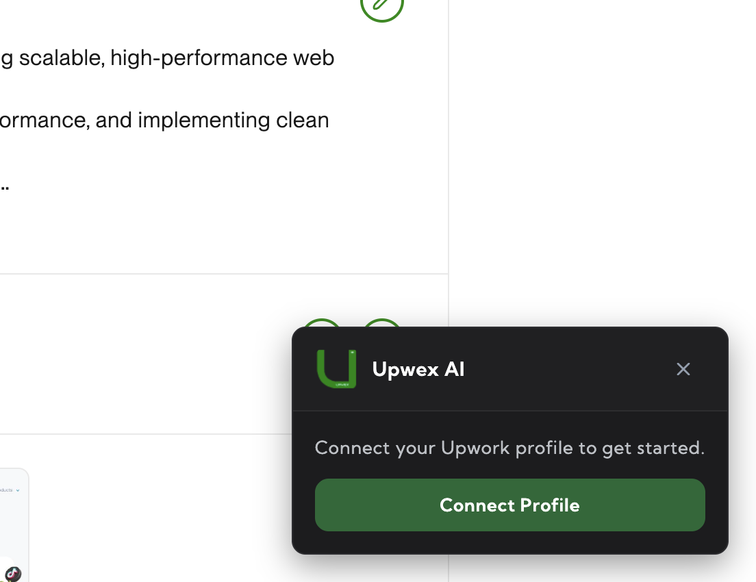 Extension popup with Sync and Manual buttons for the first-time profile connection flow – Sync syncs the active Upwork profile, Manual takes a freelancer URL to sync any other profile