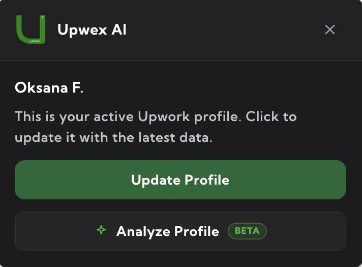 Profile Sync widget on an Upwork freelancer page showing the active profile name with two buttons – a green Update Profile button and an Analyze Profile button with a Beta badge